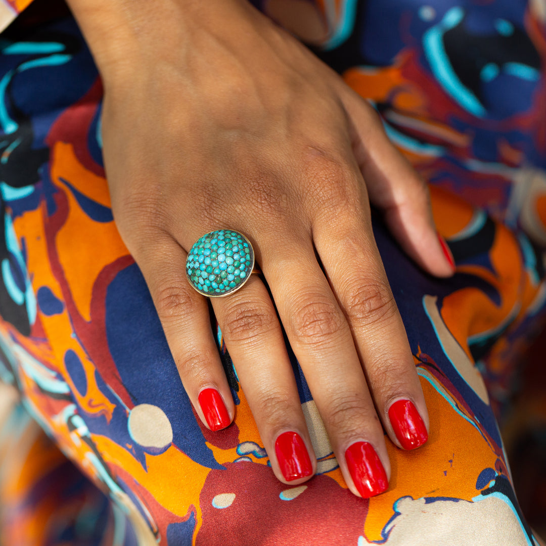 Victorian Large Turquoise Pavé, Silver, and 14k Gold Dome Ring