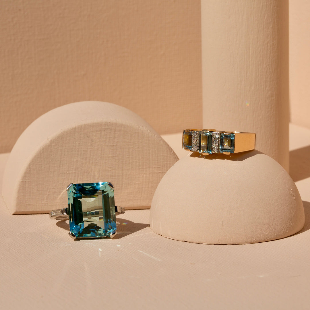 Large Aquamarine, Diamond Baguette, and 14k Gold Cocktail Ring
