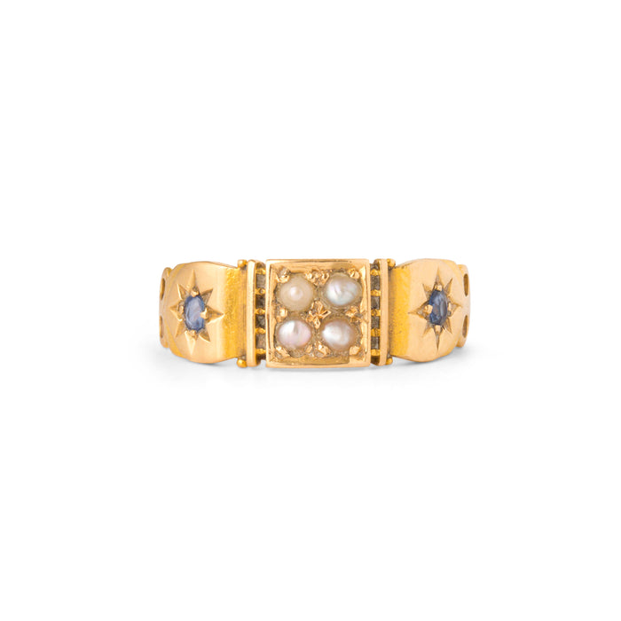 English Victorian Sapphire, Pearl, and 18k Gold Starburst Ring