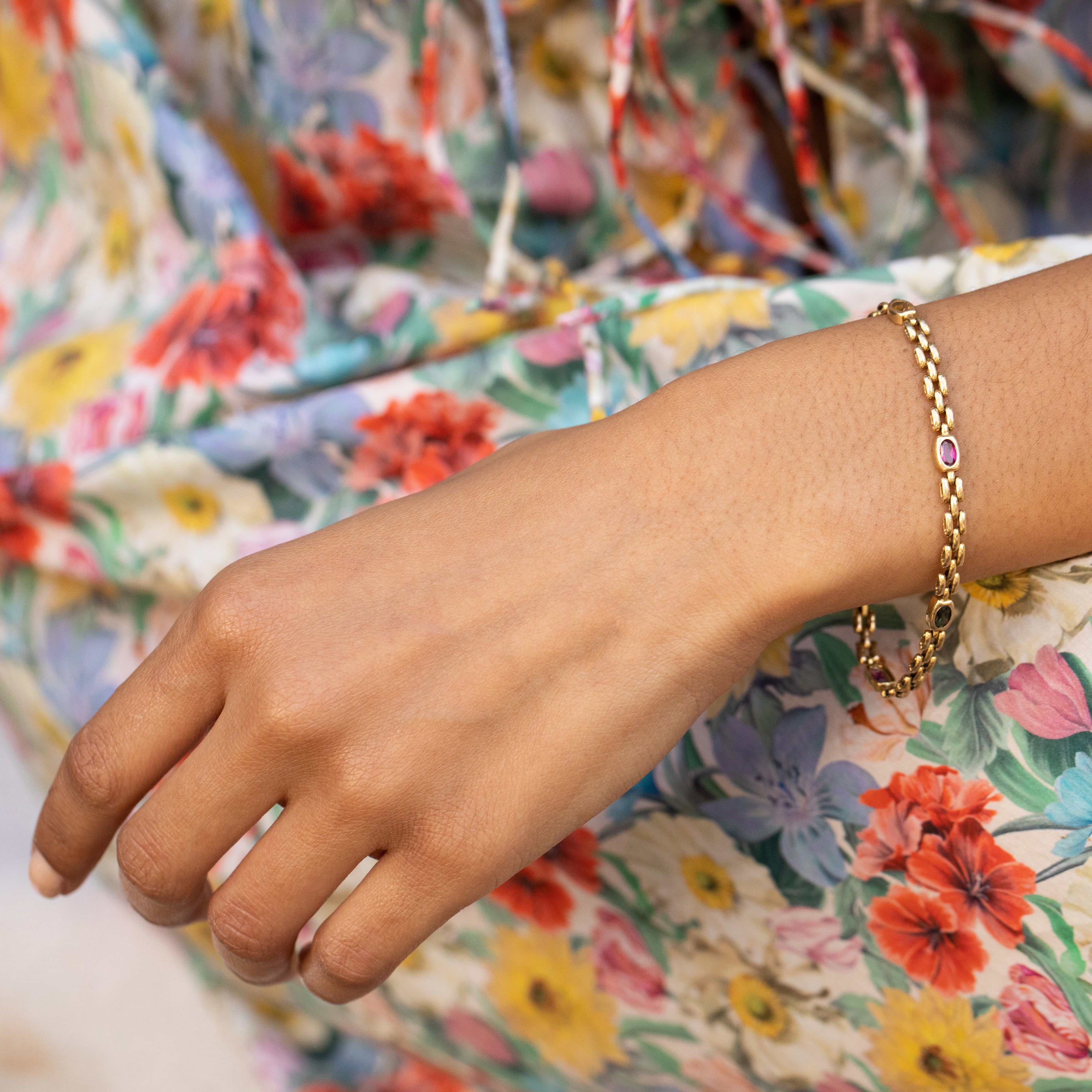 Italian 14K Gold and Multi-Color Stone Link Bracelet