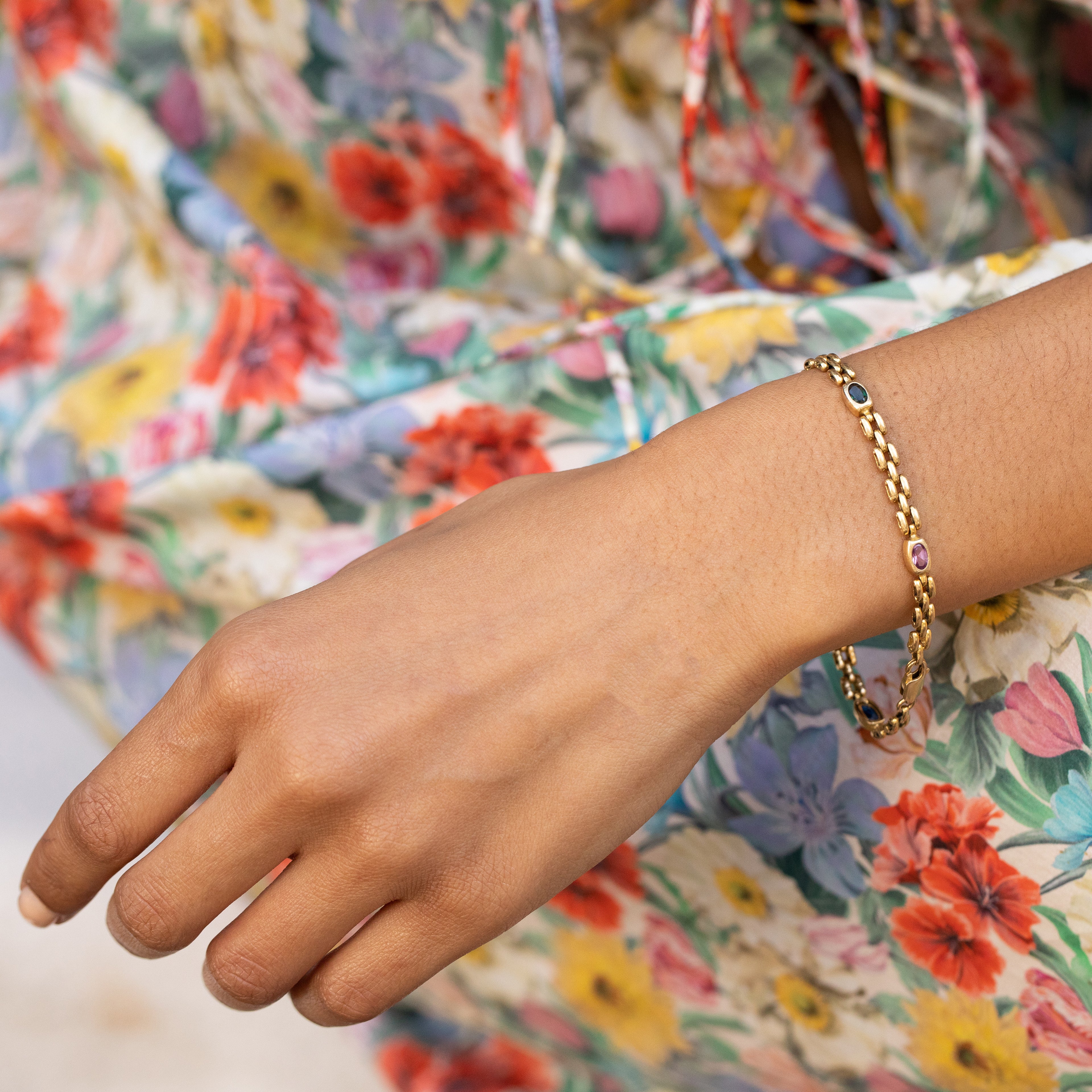Italian 14K Gold and Multi-Color Stone Link Bracelet