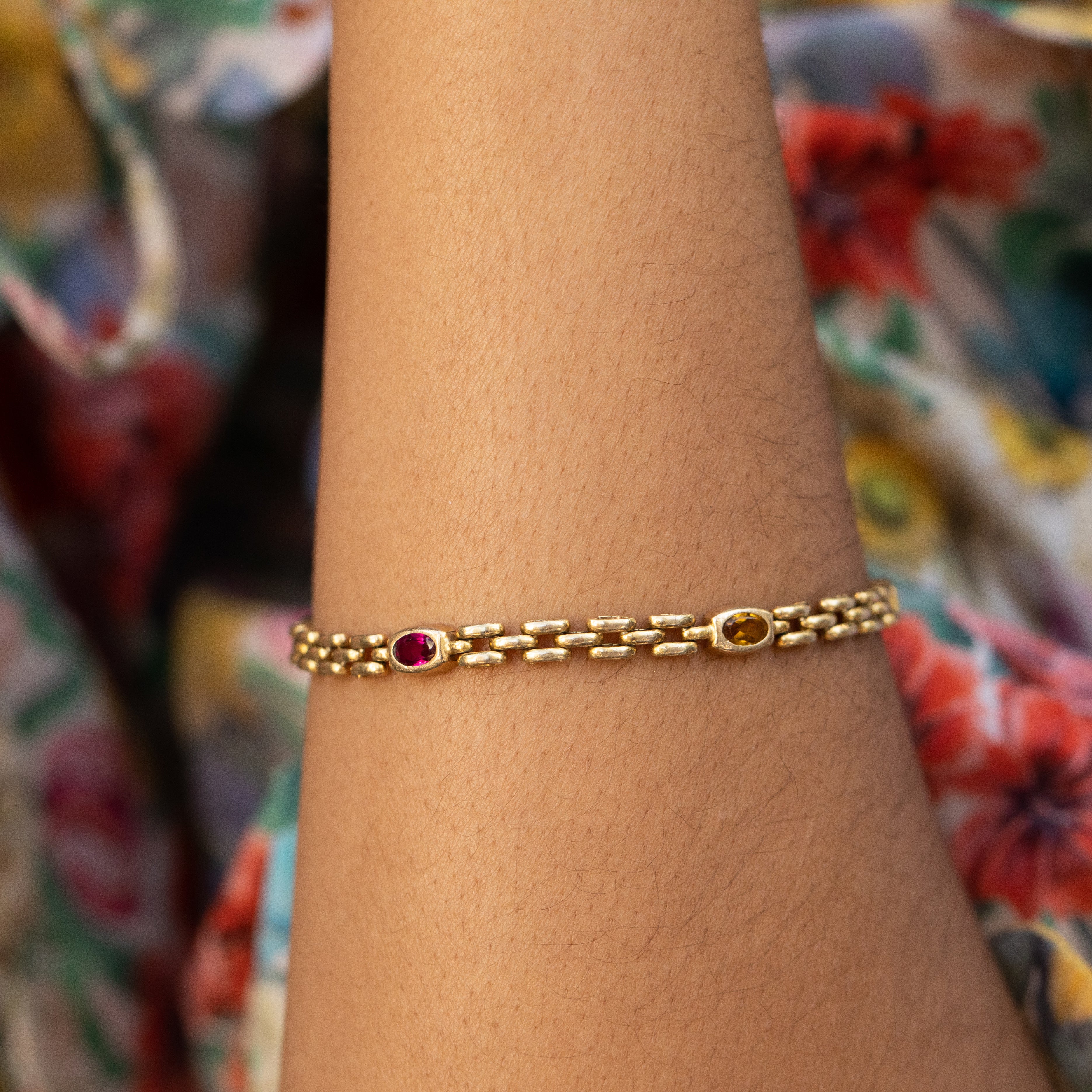 Italian 14K Gold and Multi-Color Stone Link Bracelet