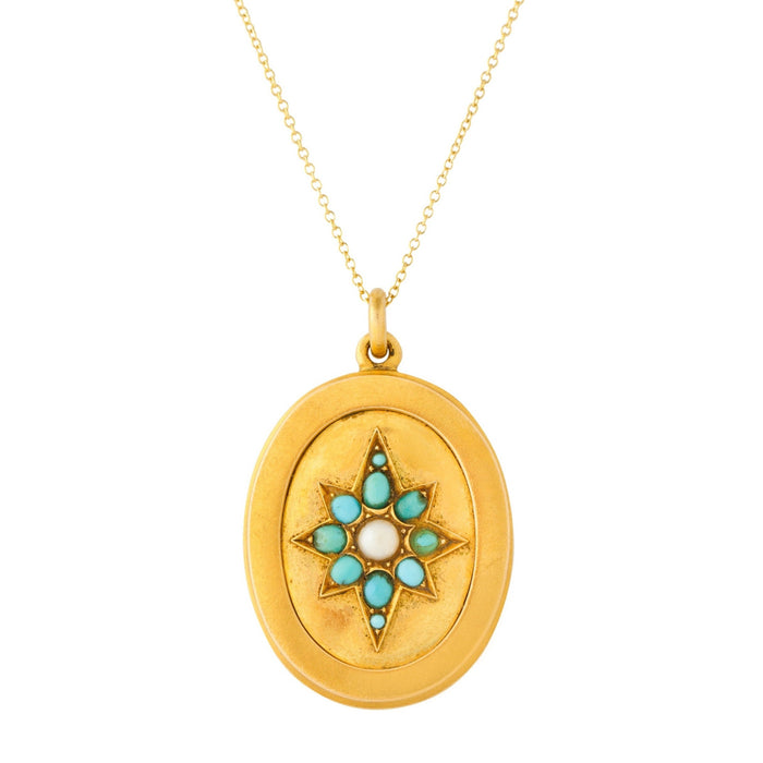 Victorian Turquoise, Pearl, and 18K Gold Starburst Locket