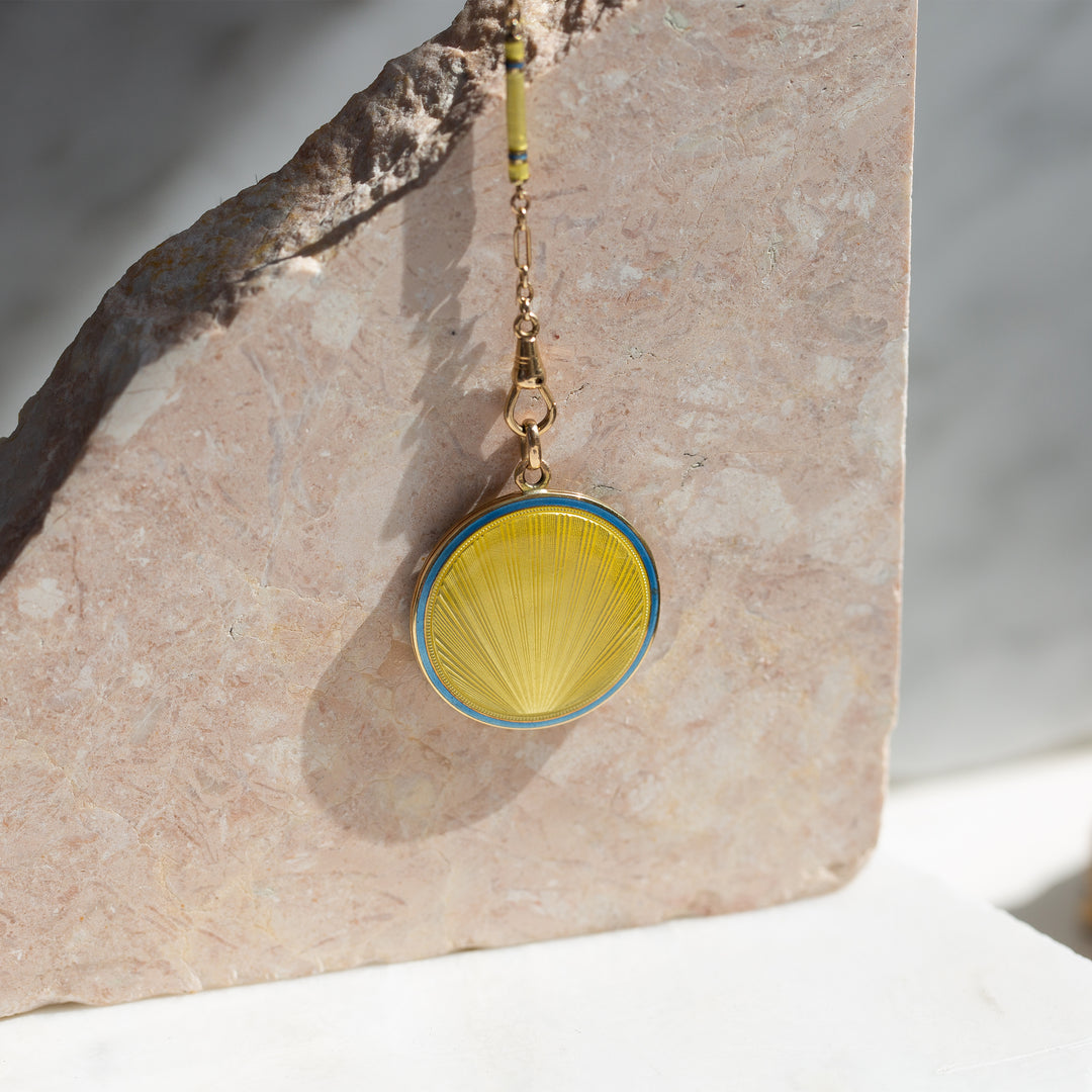 Art Deco "Sunrise" Guilloche Enamel 14k Gold Locket and Chain