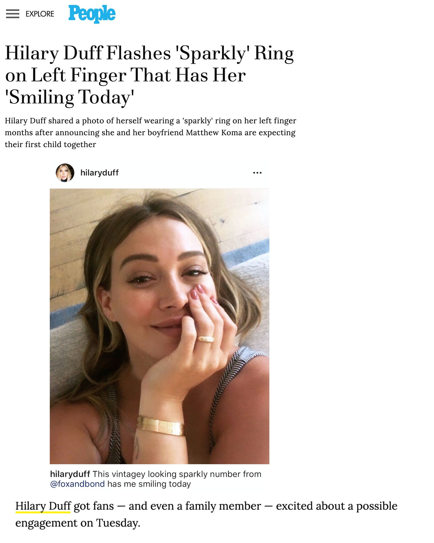 People.com: Hilary Duff Flashes 'Sparkly' Ring on Left Finger That Has Her 'Smiling Today'