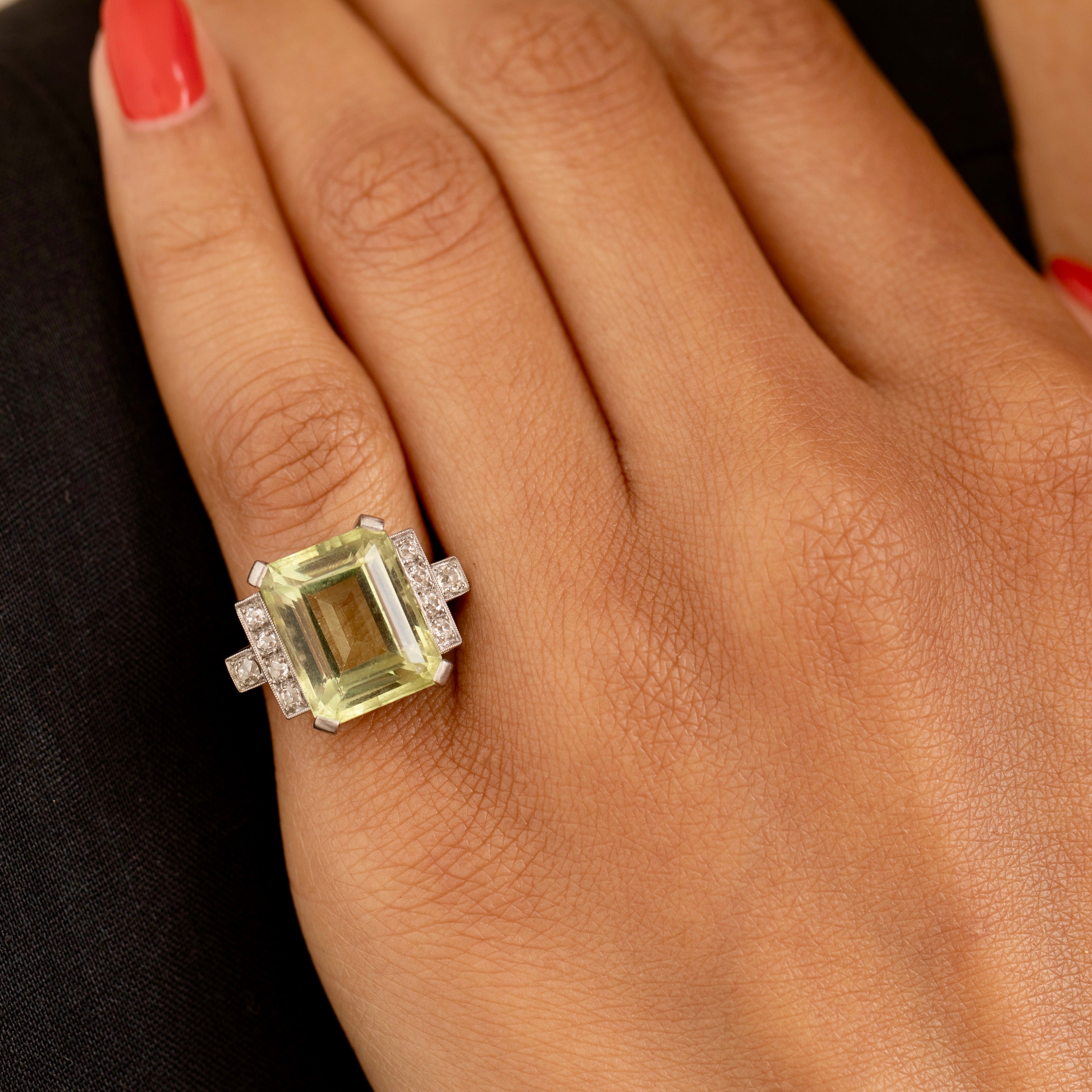 Retro Green Quartz, Diamond, and 18K Gold Cocktail Ring