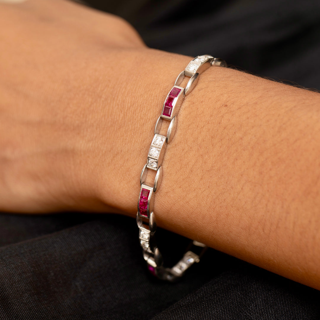 Art Deco Diamond, Ruby, And Platinum Line Bracelet