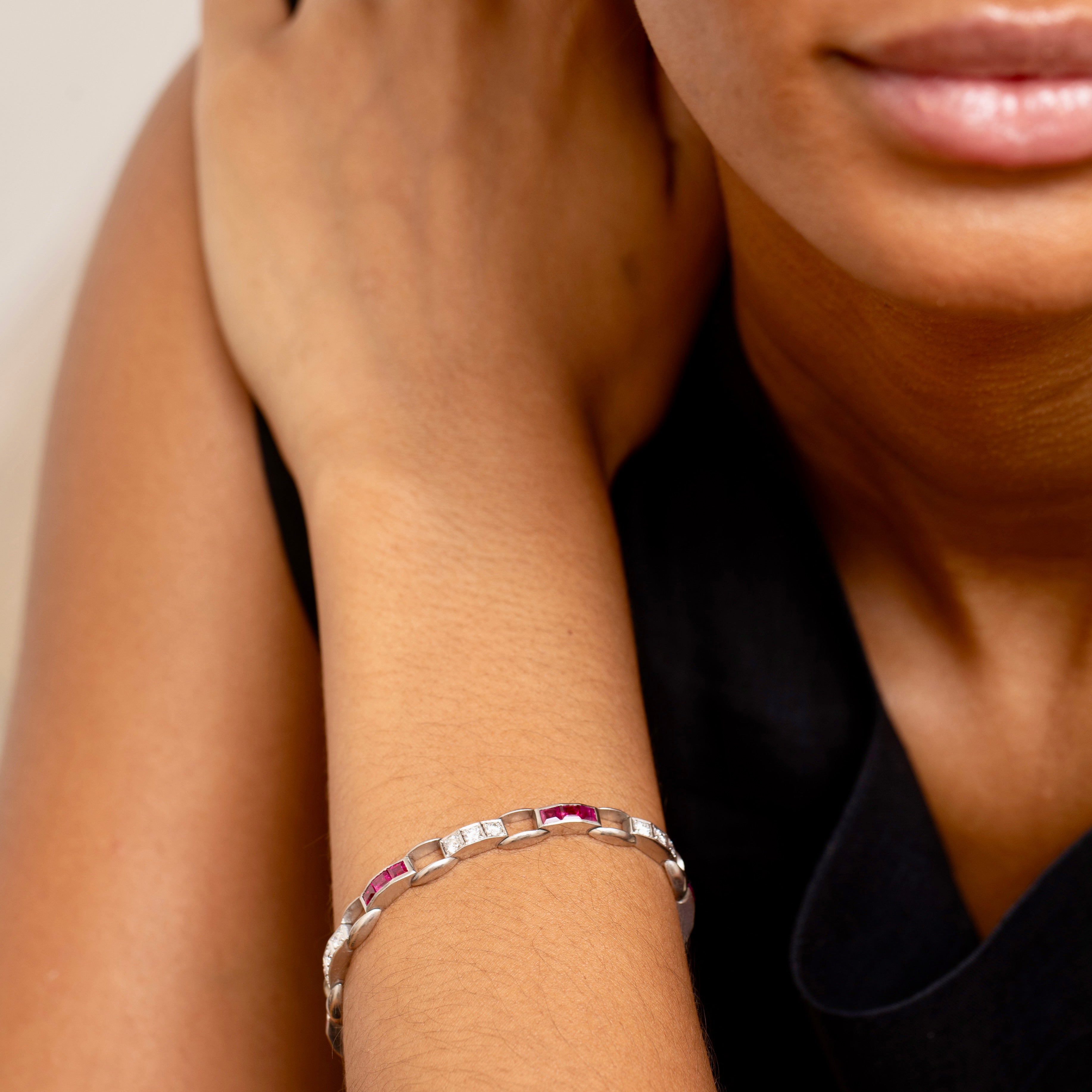 Art Deco Diamond, Ruby, And Platinum Line Bracelet