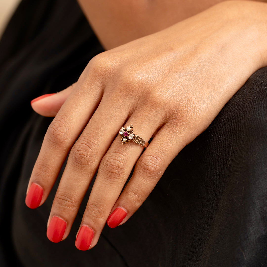 Victorian Ruby, Diamond, and Pearl 14K Gold Ring