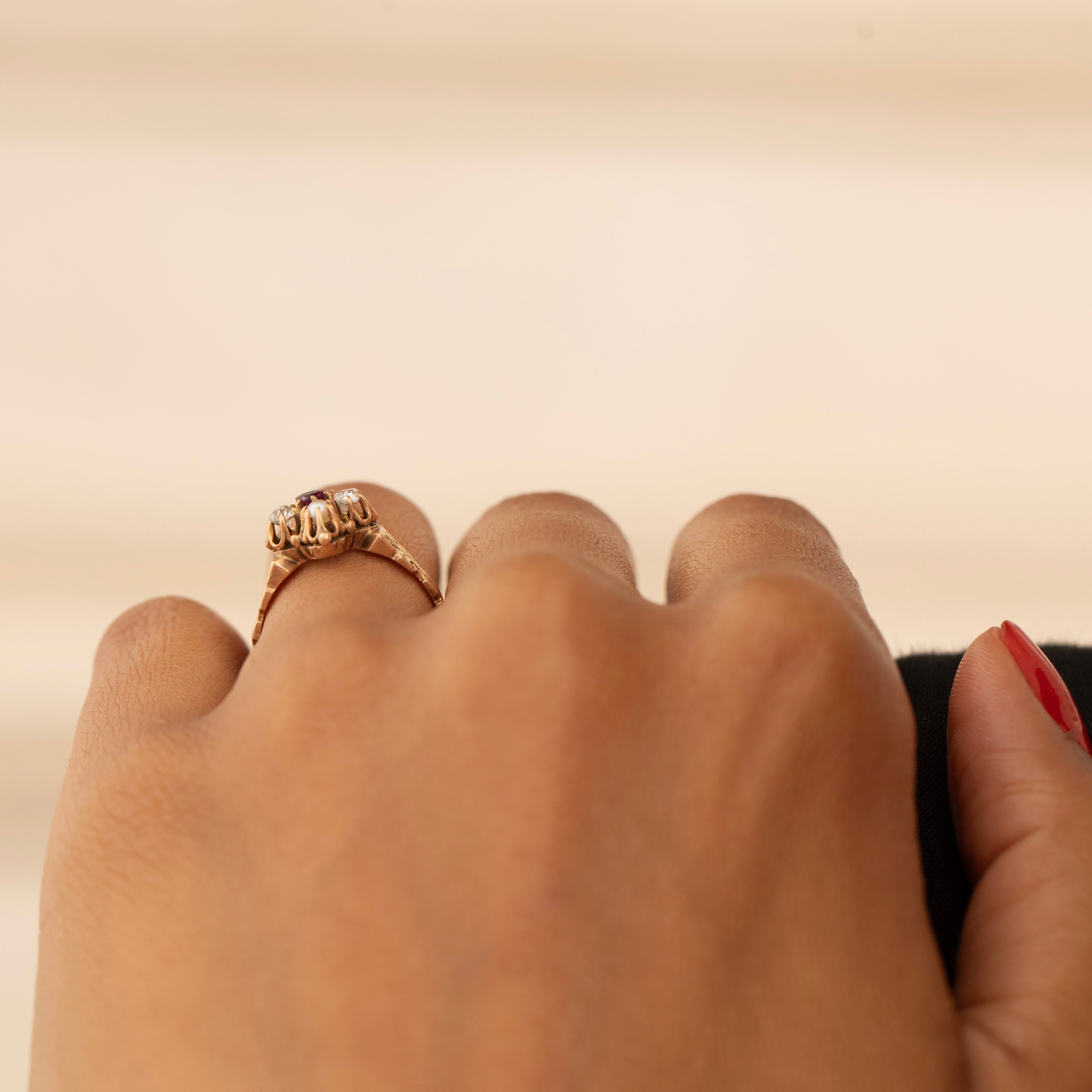 Victorian Ruby, Diamond, and Pearl 14K Gold Ring