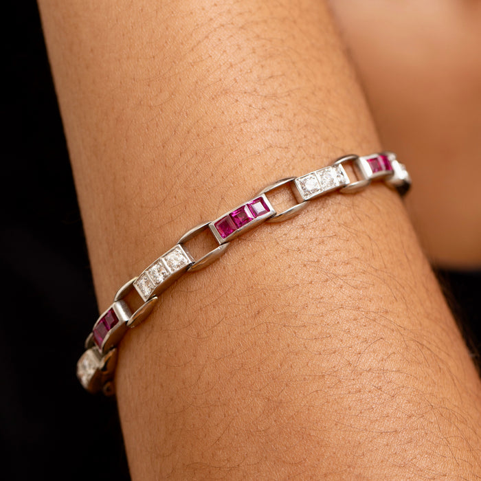 Art Deco Diamond, Ruby, And Platinum Line Bracelet