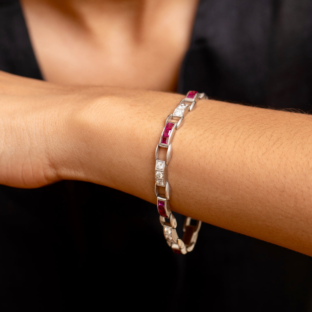 Art Deco Diamond, Ruby, And Platinum Line Bracelet