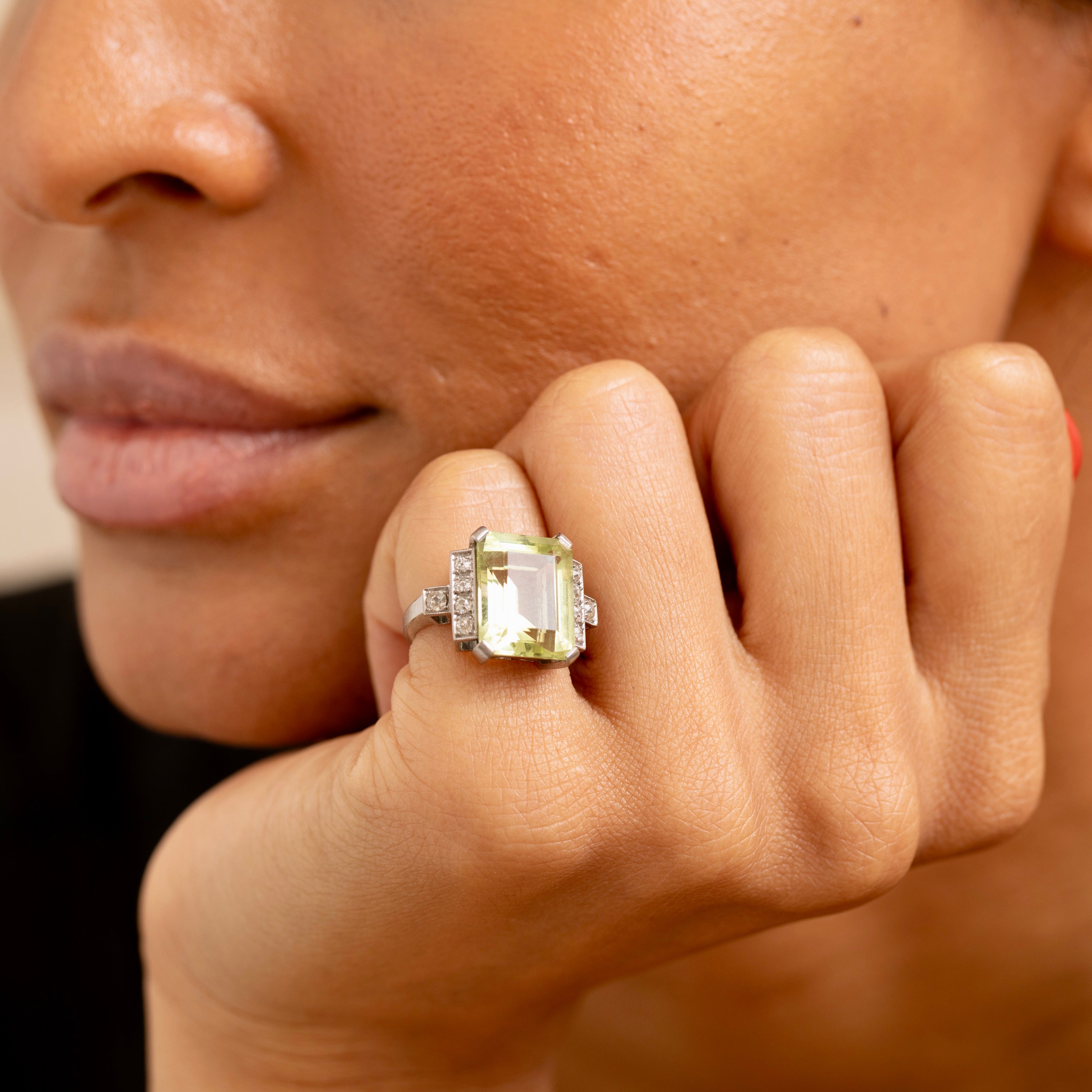 Retro Green Quartz, Diamond, and 18K Gold Cocktail Ring