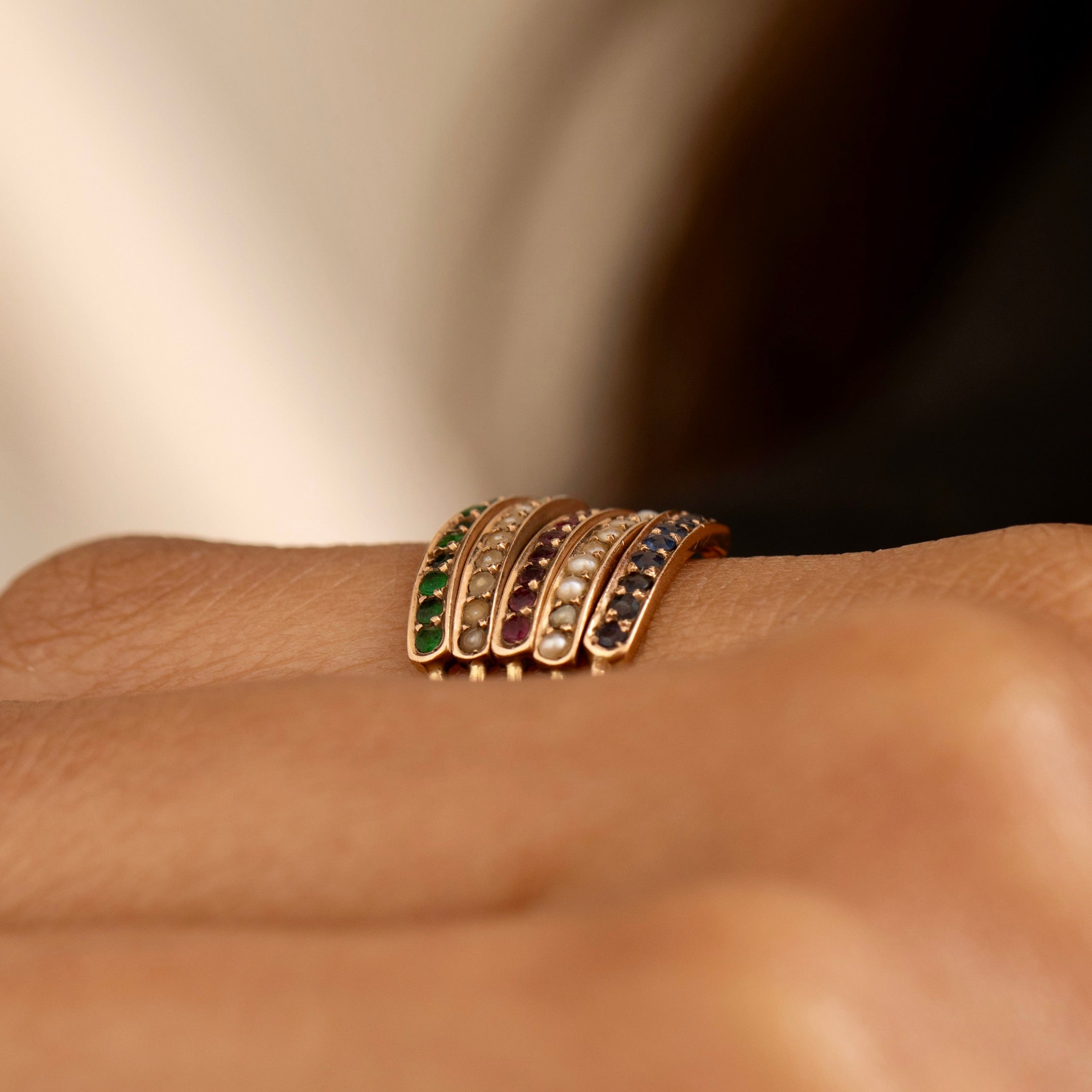 Sapphire, Pearl, Ruby, Emerald and 14K Gold Harem Ring