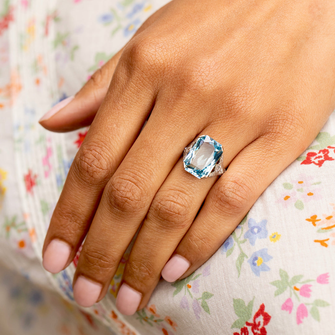 1940s Aquamarine, Diamond, Platinum, And 14K Gold Cocktail Ring