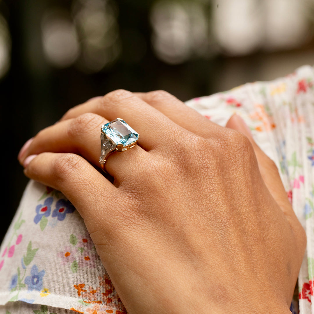 1940s Aquamarine, Diamond, Platinum, And 14K Gold Cocktail Ring