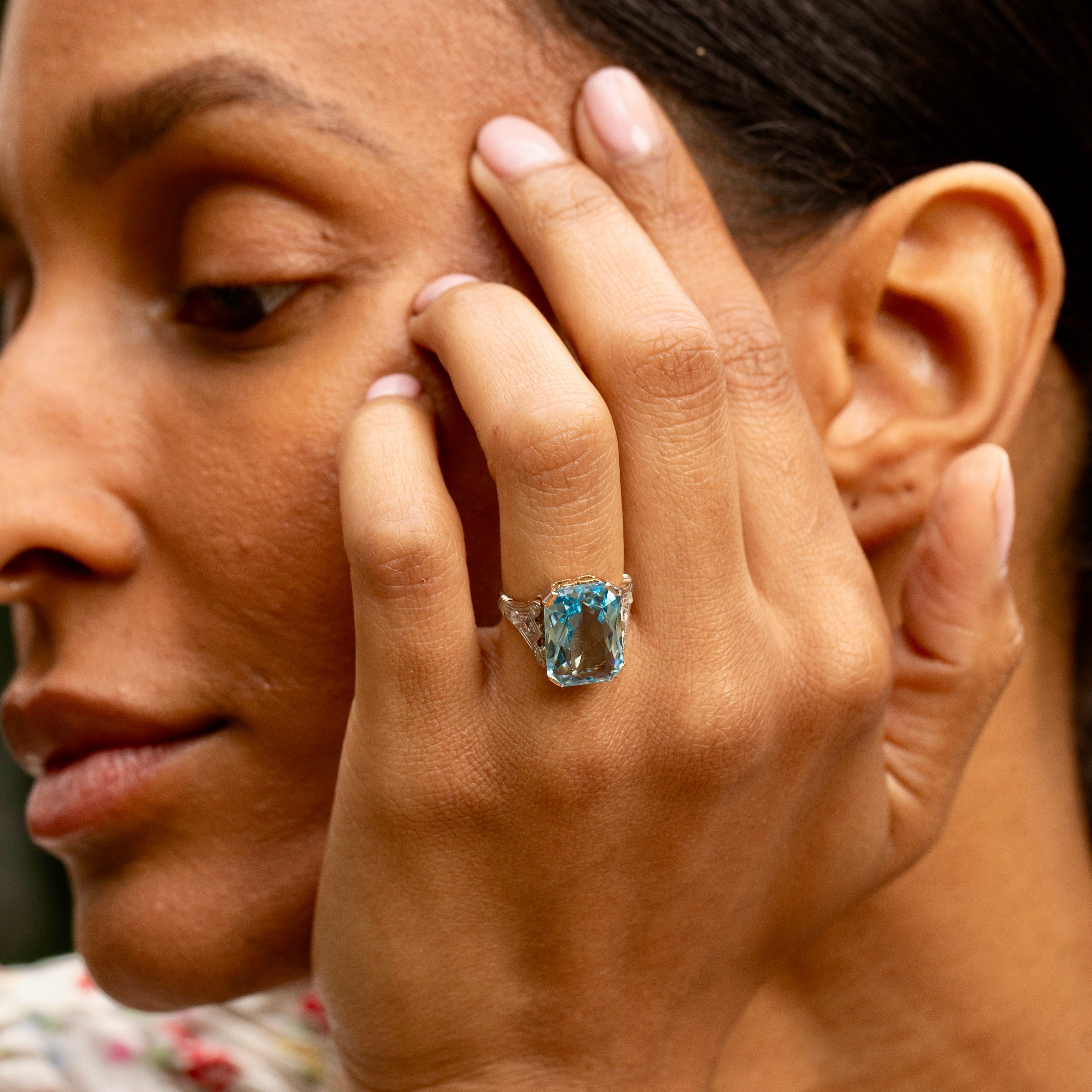 1940s Aquamarine, Diamond, Platinum, And 14K Gold Cocktail Ring