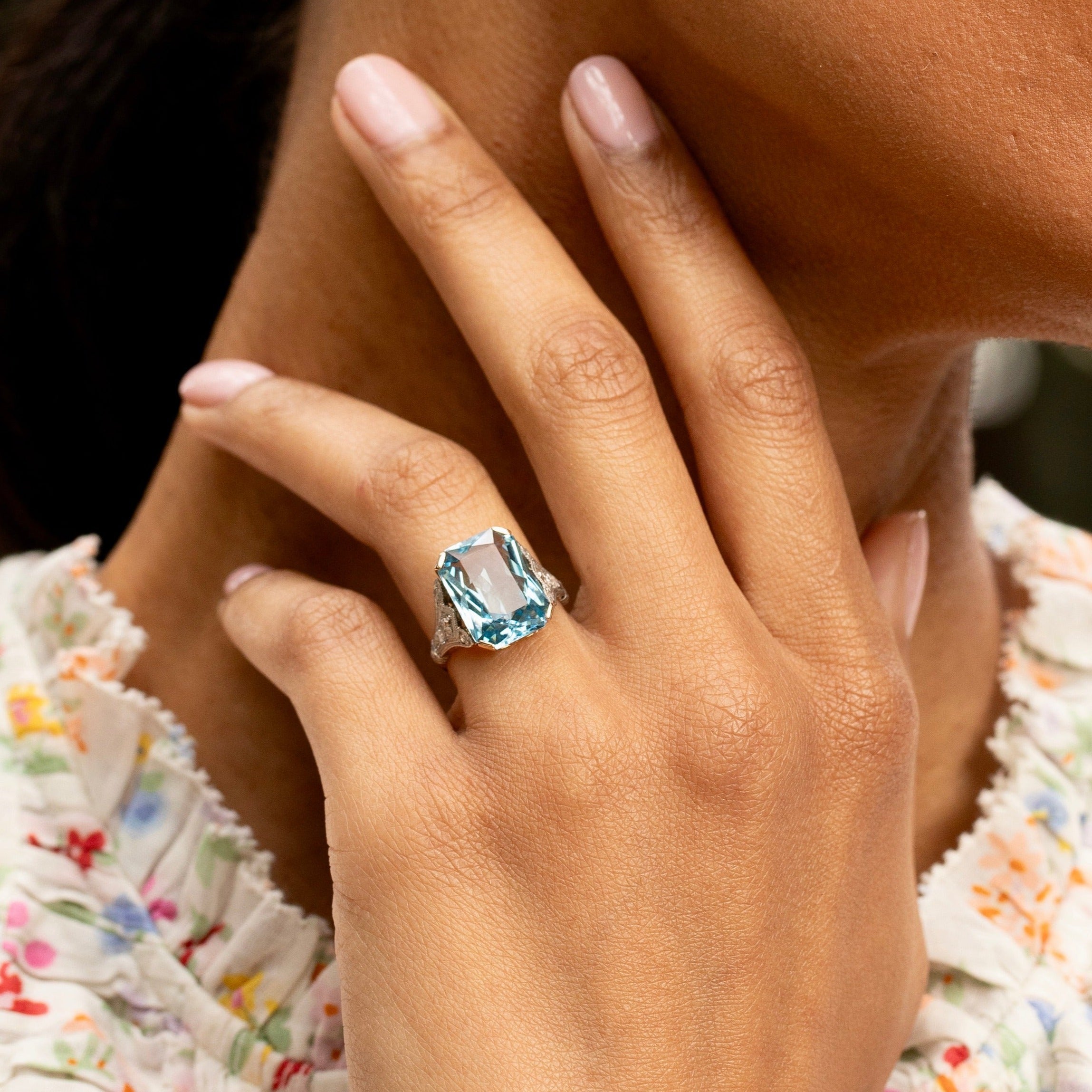 1940s Aquamarine, Diamond, Platinum, And 14K Gold Cocktail Ring