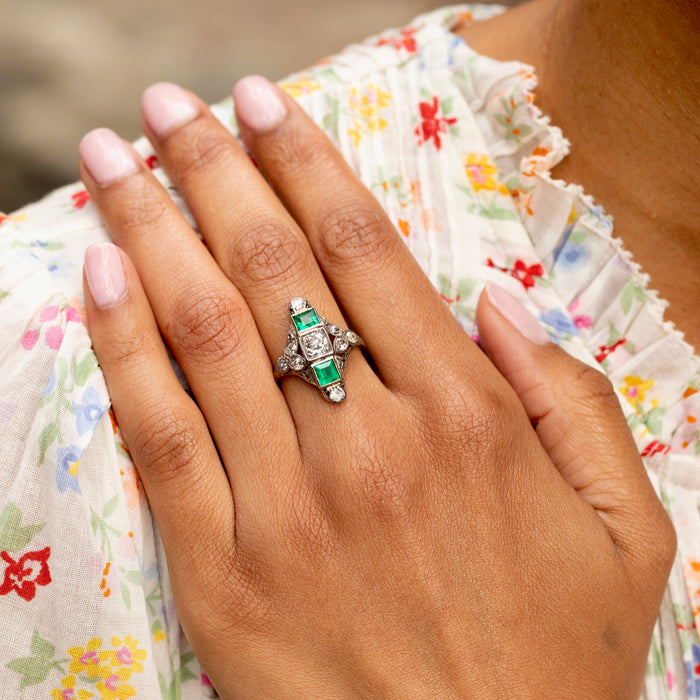 1920s Emerald, Diamond, and 18K White Gold Long Ring