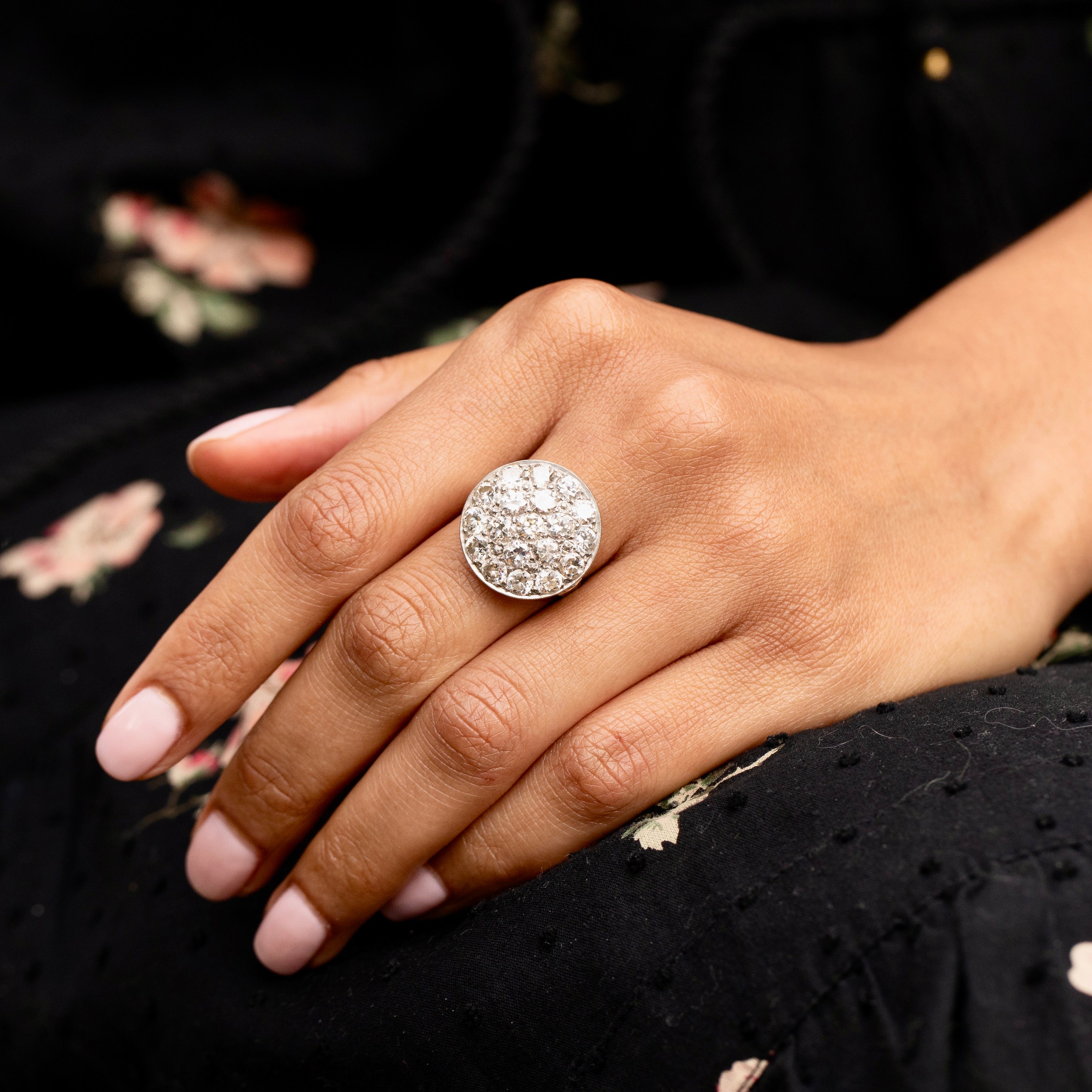 Old European Cut Diamond Pave and 14K Gold Cluster Ring