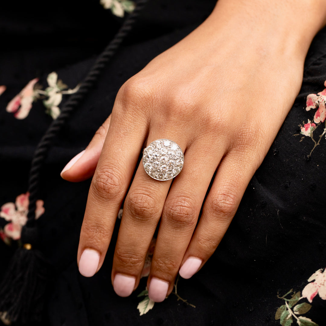 Old European Cut Diamond Pave and 14K Gold Cluster Ring