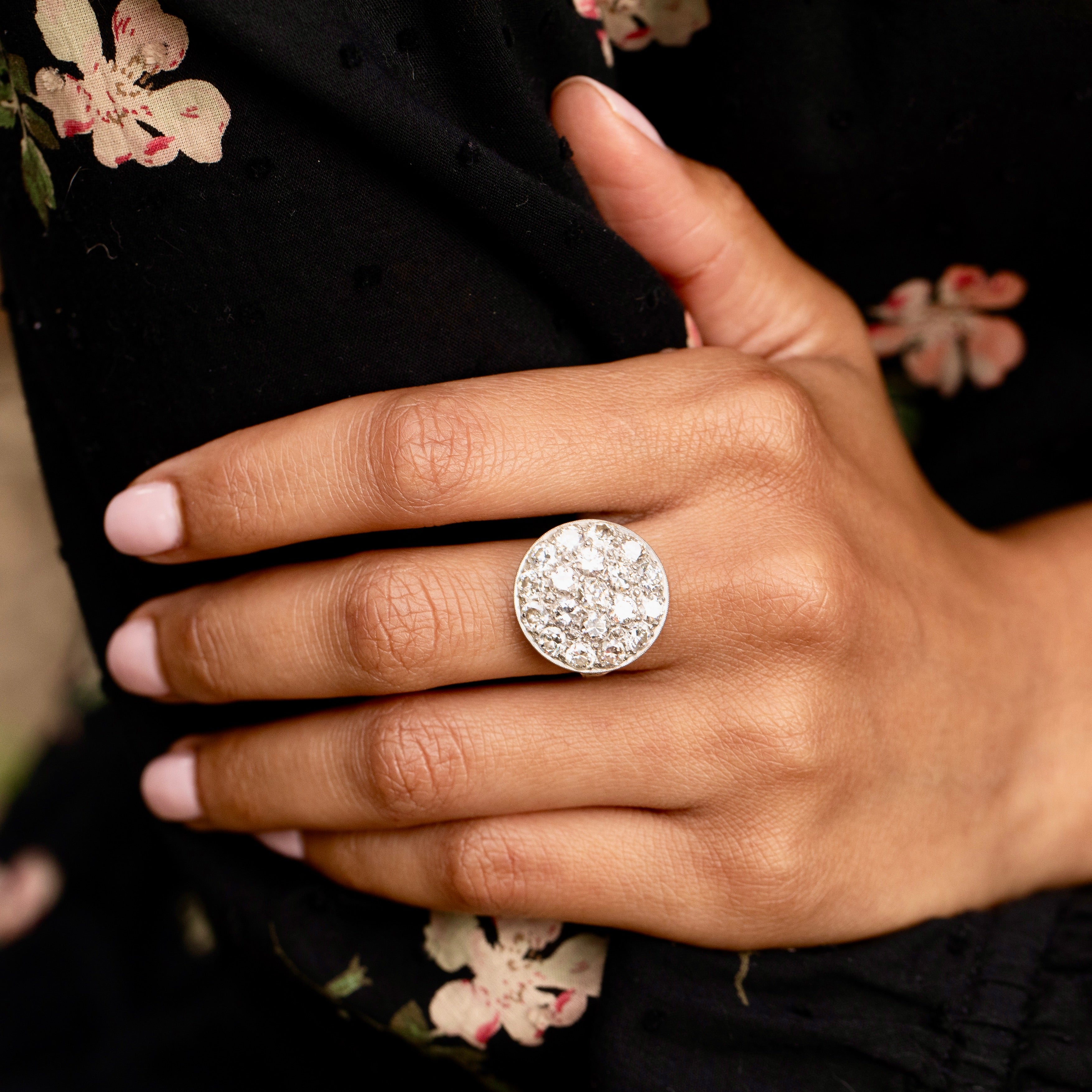 Old European Cut Diamond Pave and 14K Gold Cluster Ring