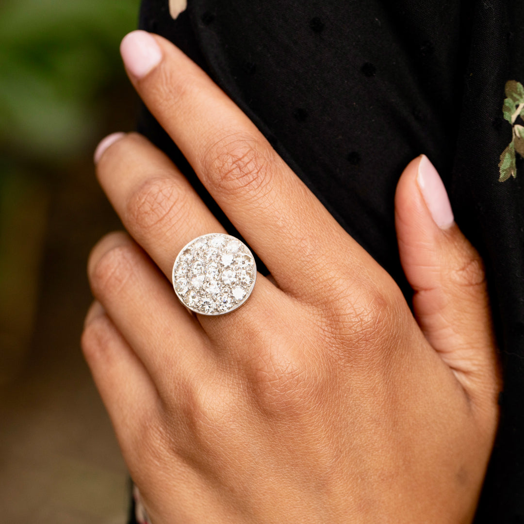 Old European Cut Diamond Pave and 14K Gold Cluster Ring