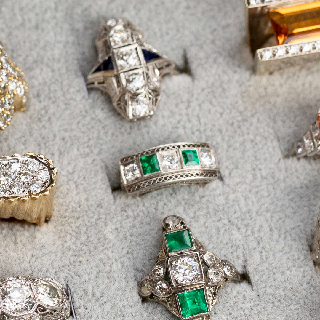 Art Deco Diamond, Emerald, and Platinum Ring