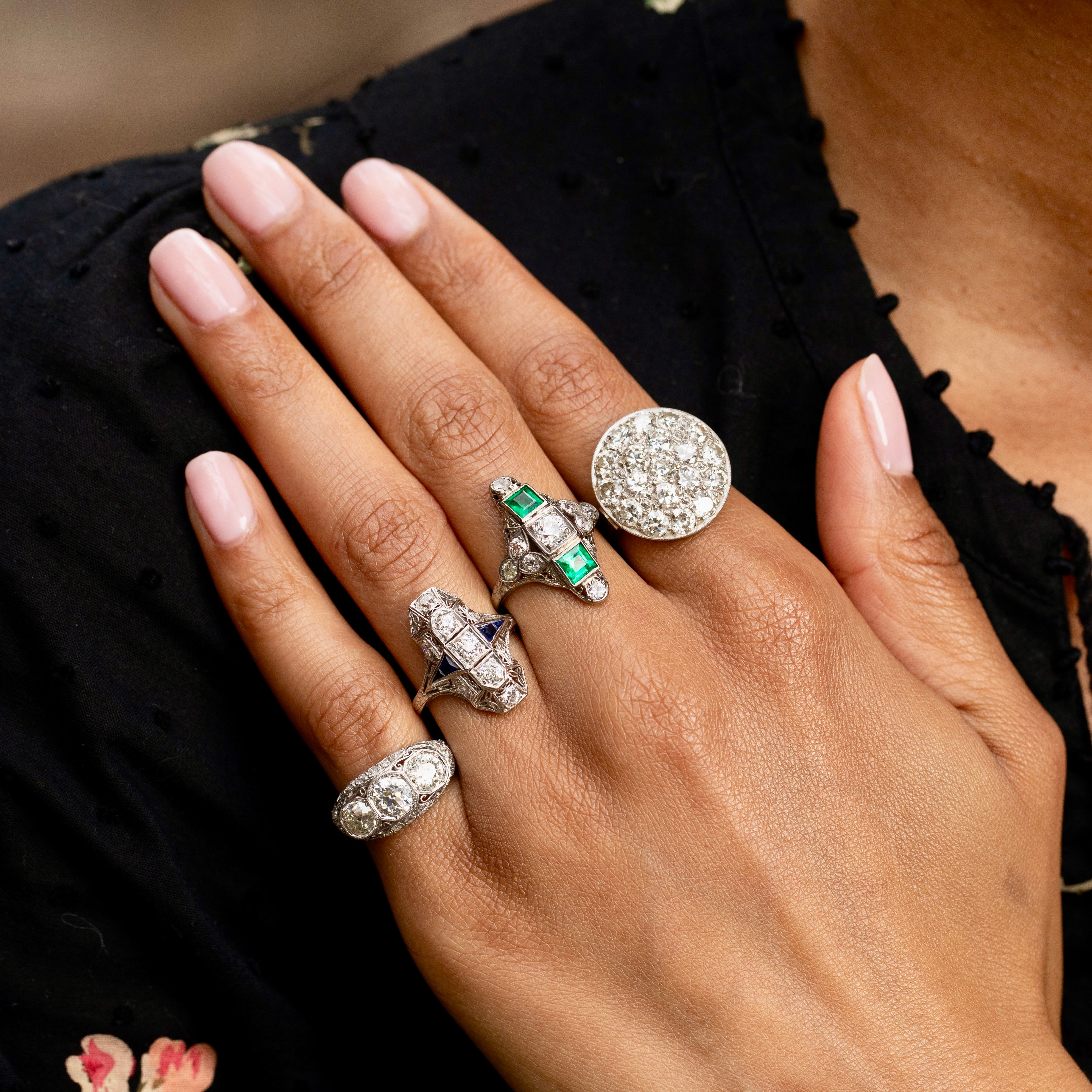 Old European Cut Diamond Pave and 14K Gold Cluster Ring