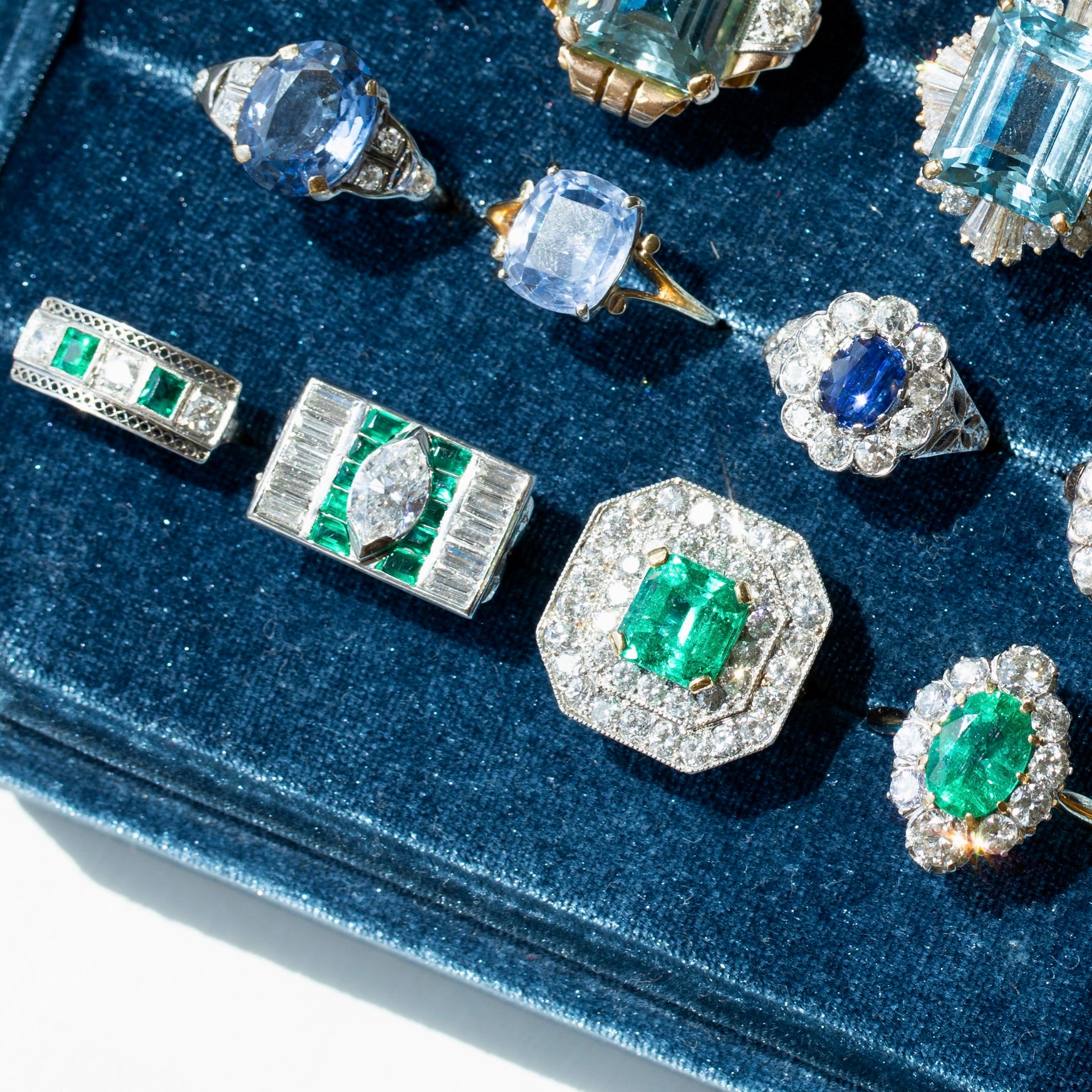 Art Deco Marquise Diamond, Emerald, and Platinum Ring