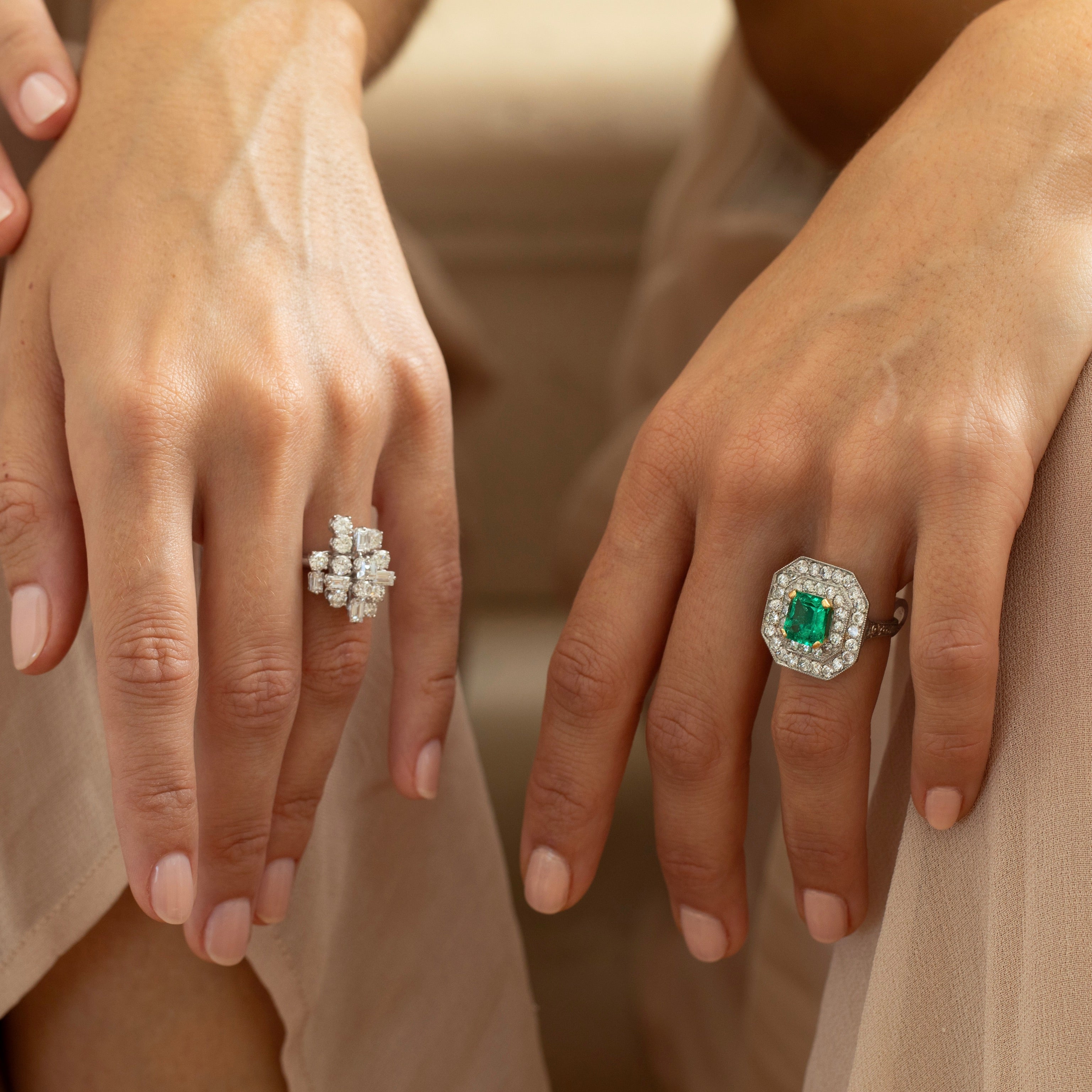 Emerald, Diamond, 18K Gold, and Platinum Octagonal Ring