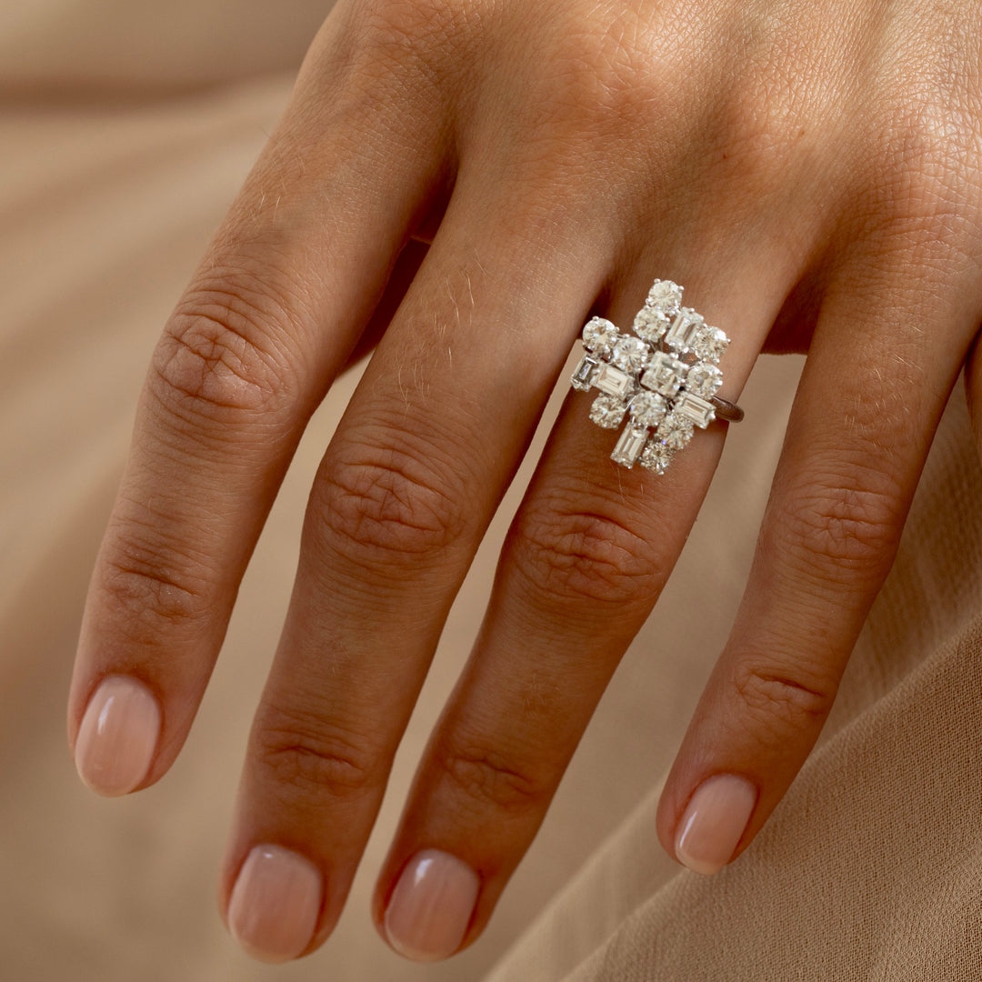 Abstract Mixed Cut Diamond And 18K White Gold Ring