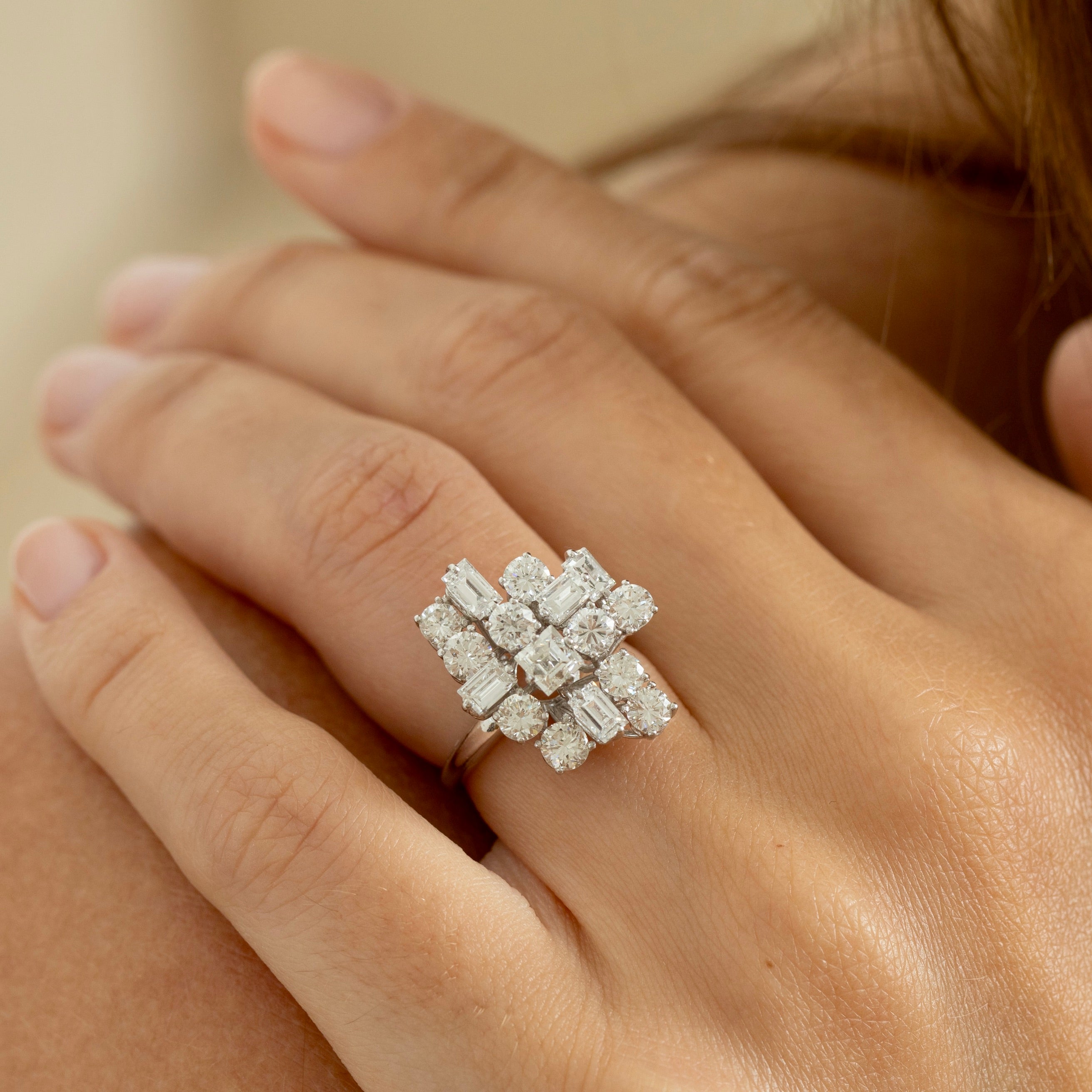 Abstract Mixed Cut Diamond And 18K White Gold Ring
