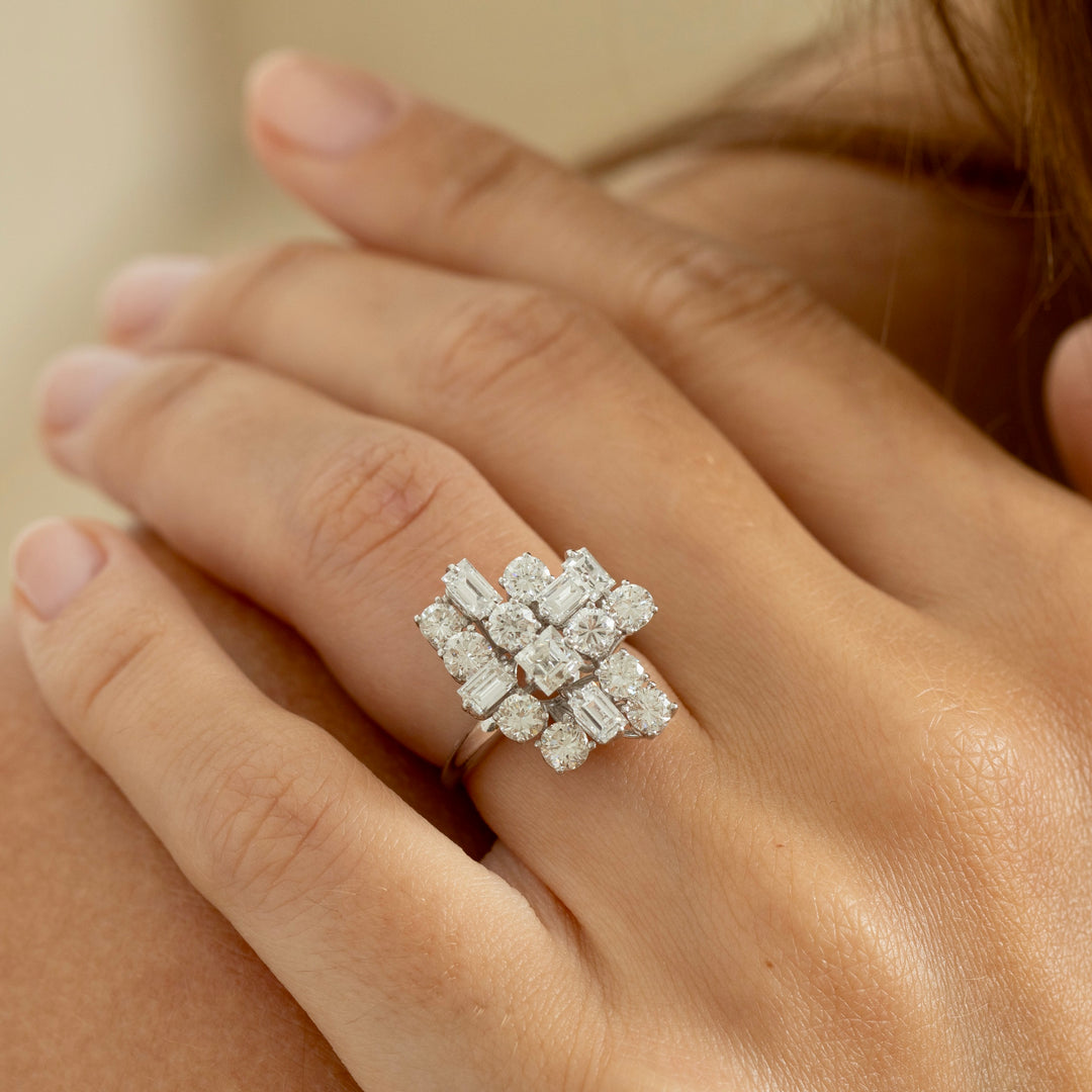 Abstract Mixed Cut Diamond And 18K White Gold Ring