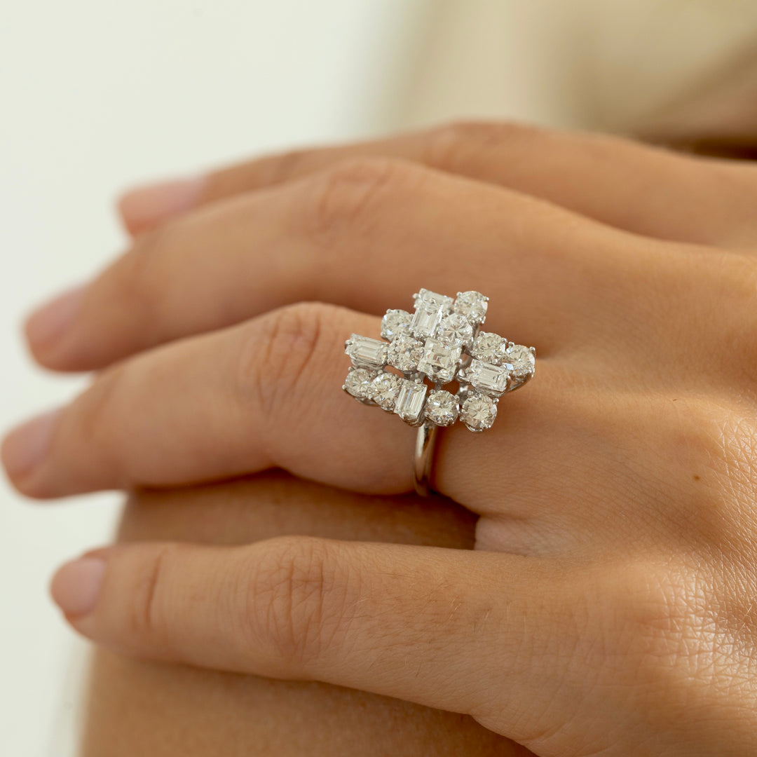 Abstract Mixed Cut Diamond And 18K White Gold Ring
