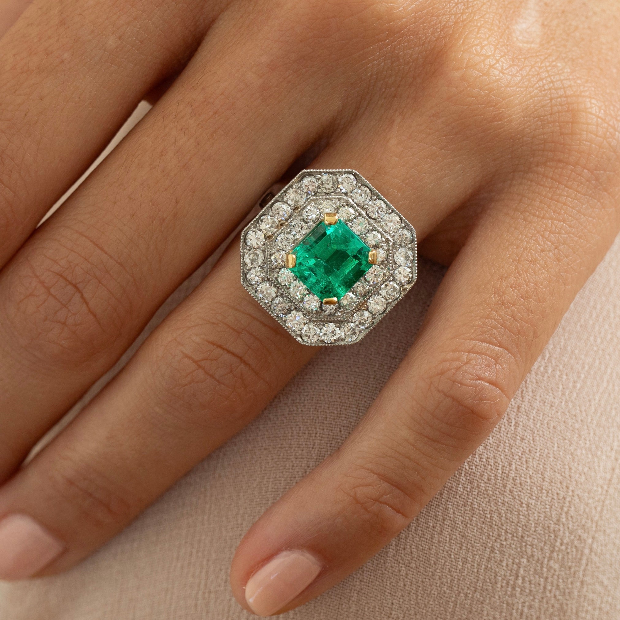 Emerald, Diamond, 18K Gold, and Platinum Octagonal Ring