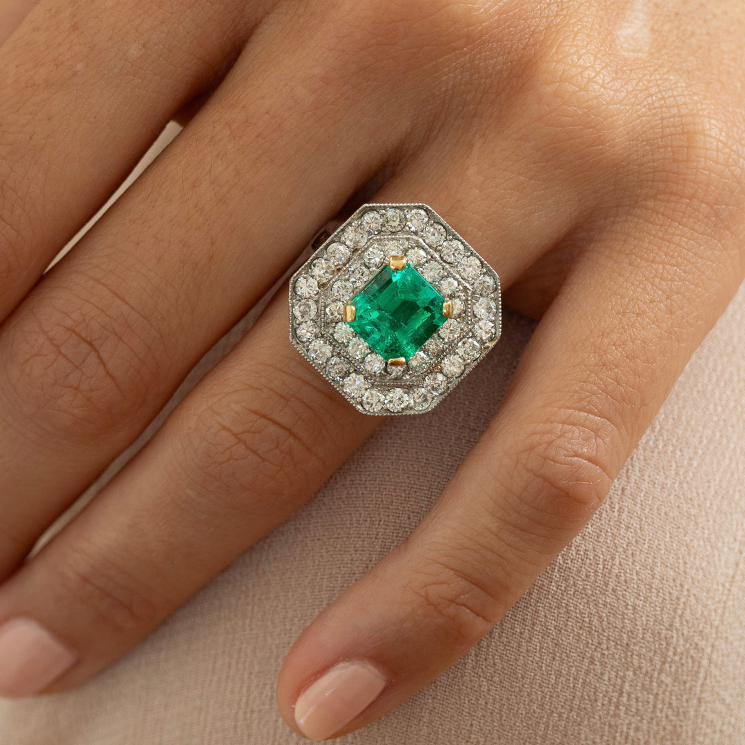 Emerald, Diamond, 18K Gold, and Platinum Octagonal Ring
