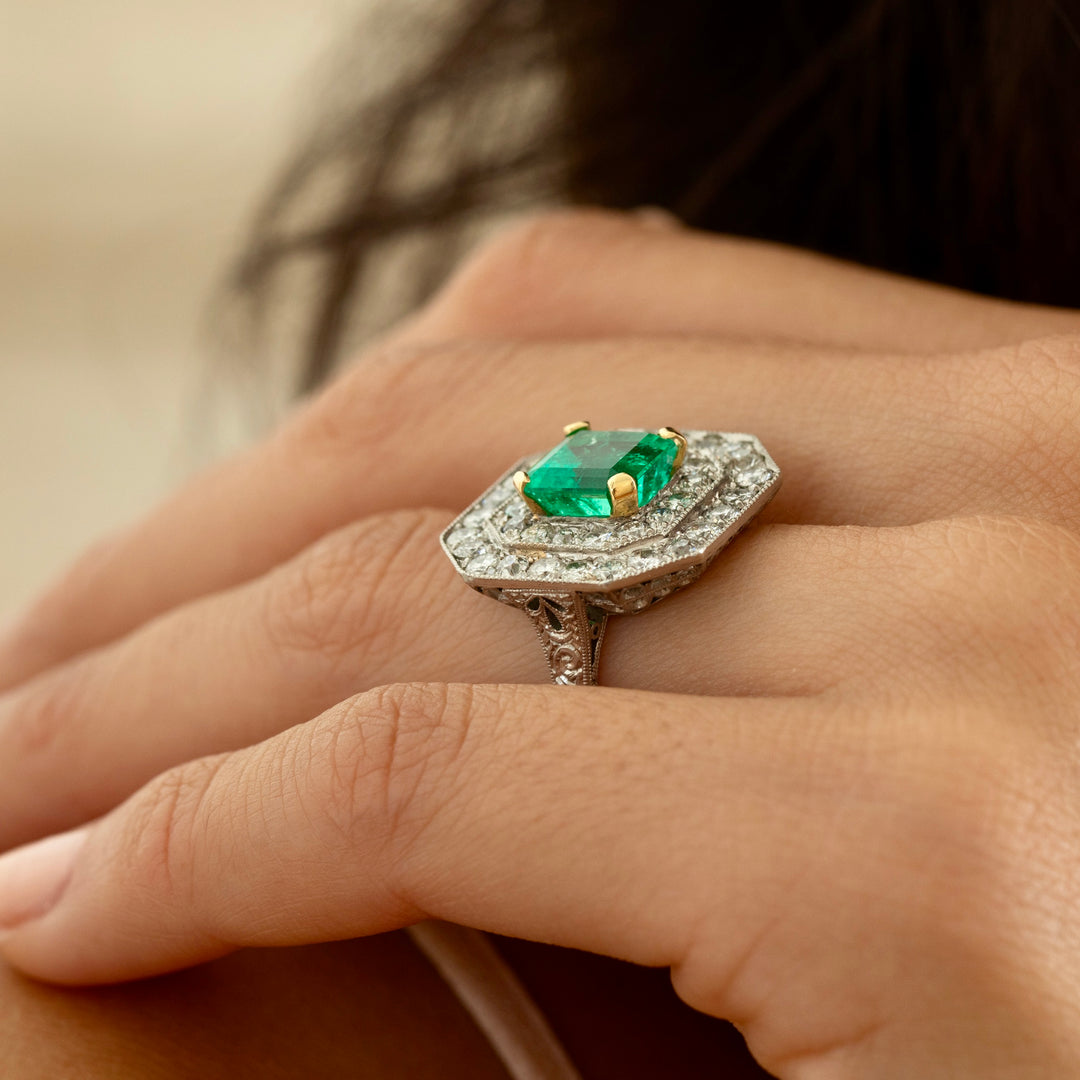 Emerald, Diamond, 18K Gold, and Platinum Octagonal Ring