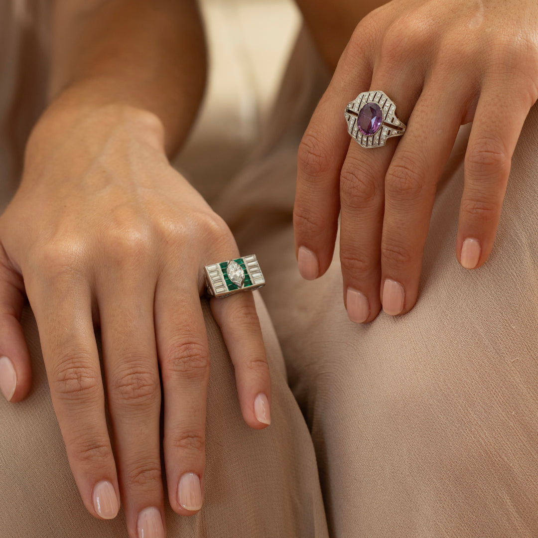 Art Deco Marquise Diamond, Emerald, and Platinum Ring