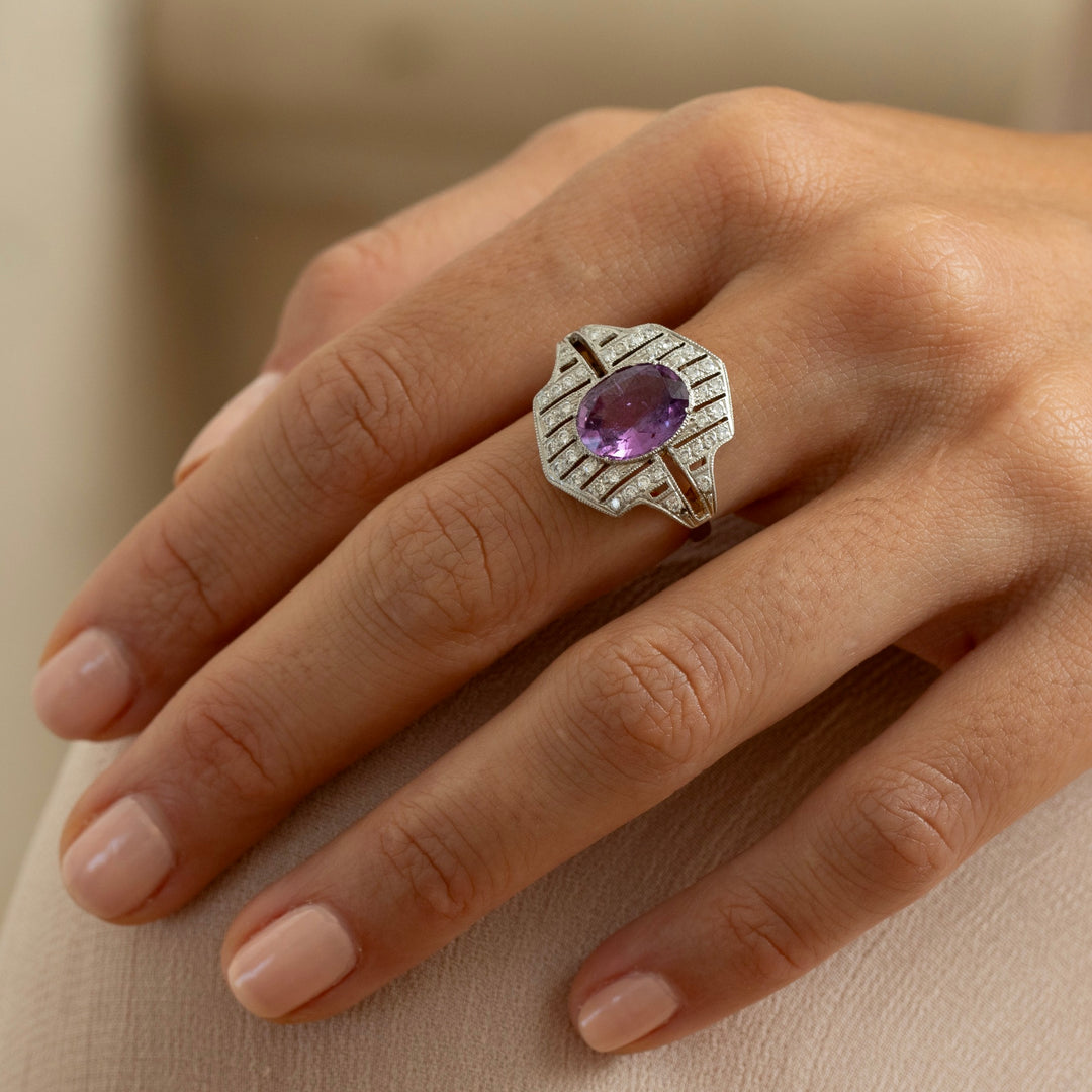 Pink Sapphire, Diamond, and 18K Gold, and Platinum Ring