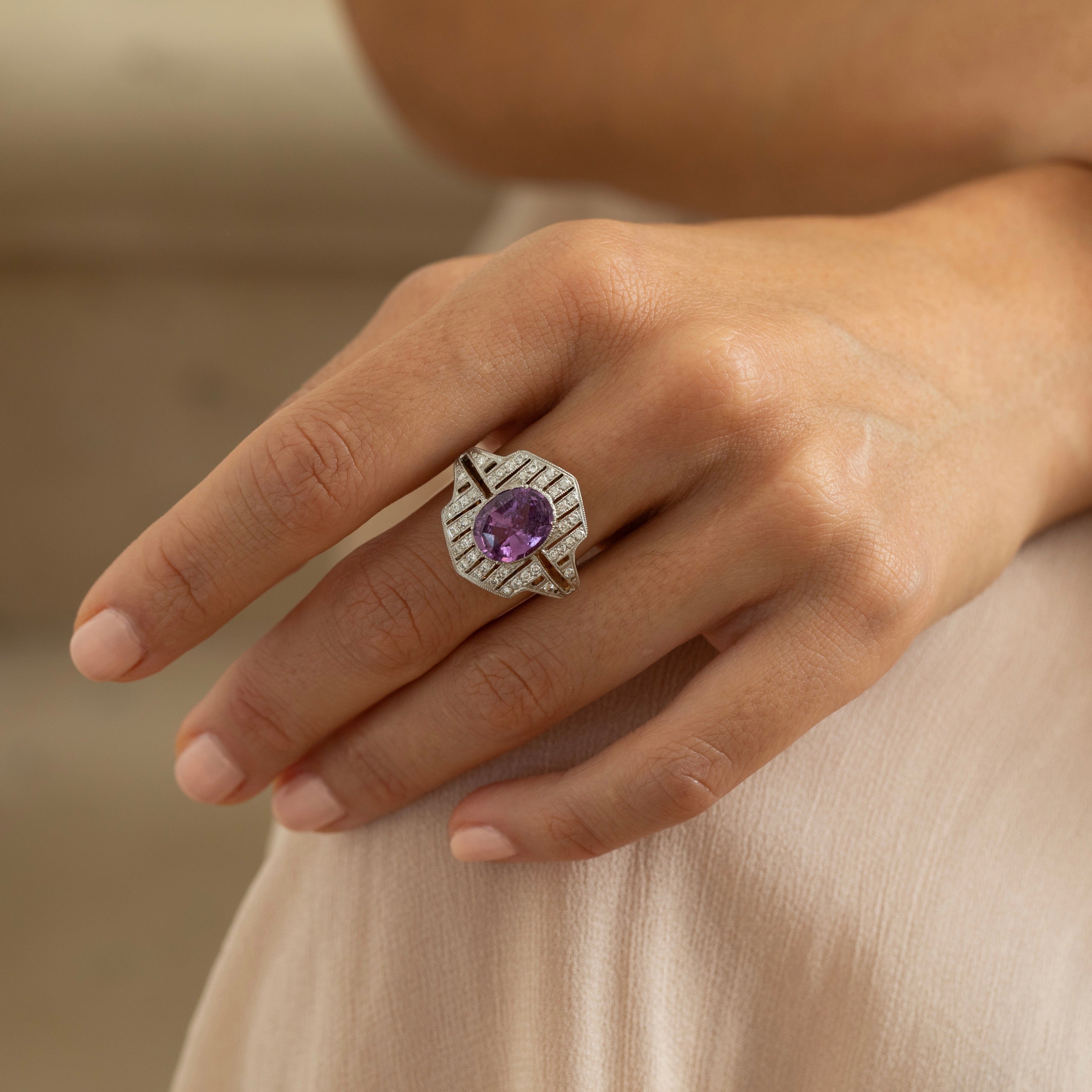 Pink Sapphire, Diamond, and 18K Gold, and Platinum Ring