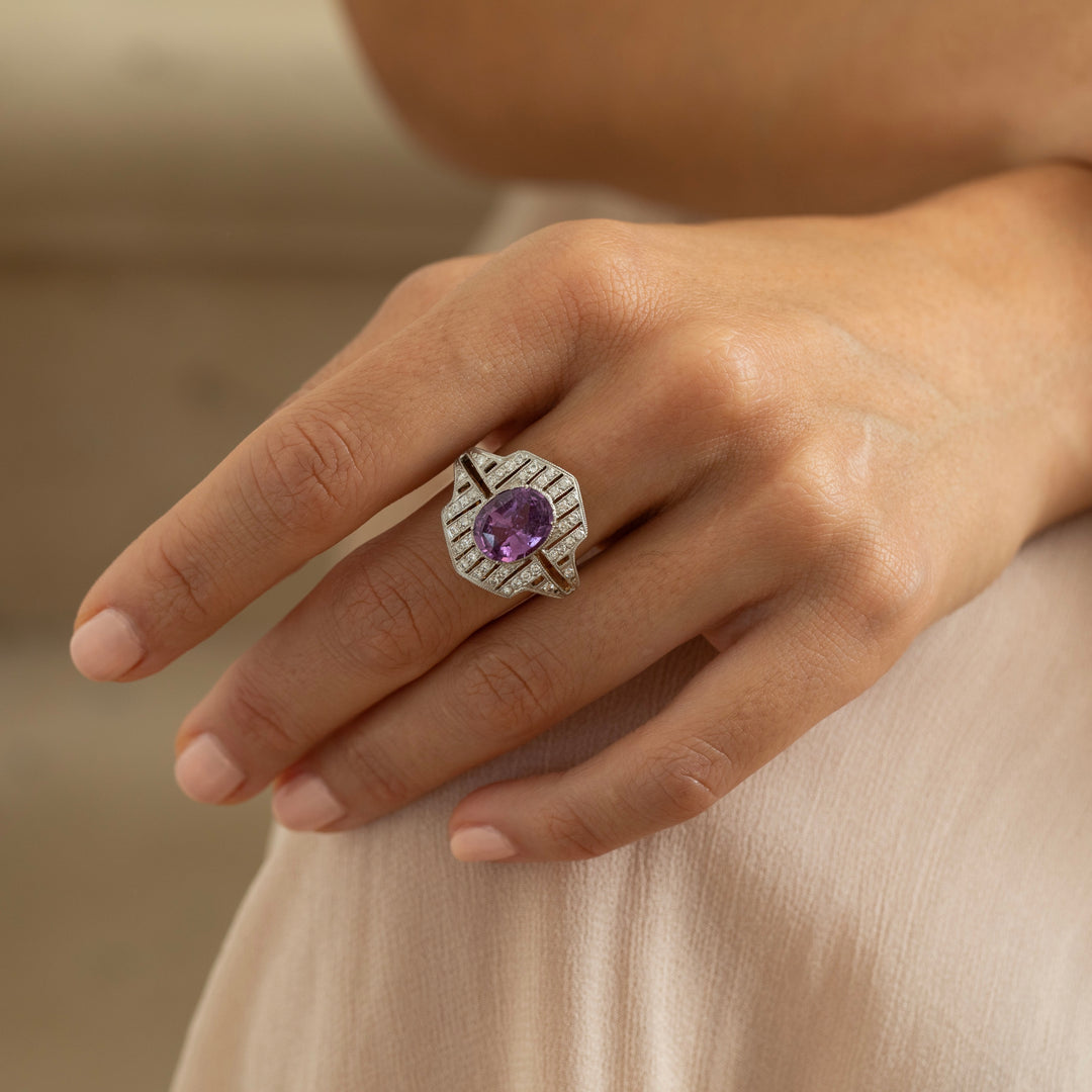 Pink Sapphire, Diamond, and 18K Gold, and Platinum Ring