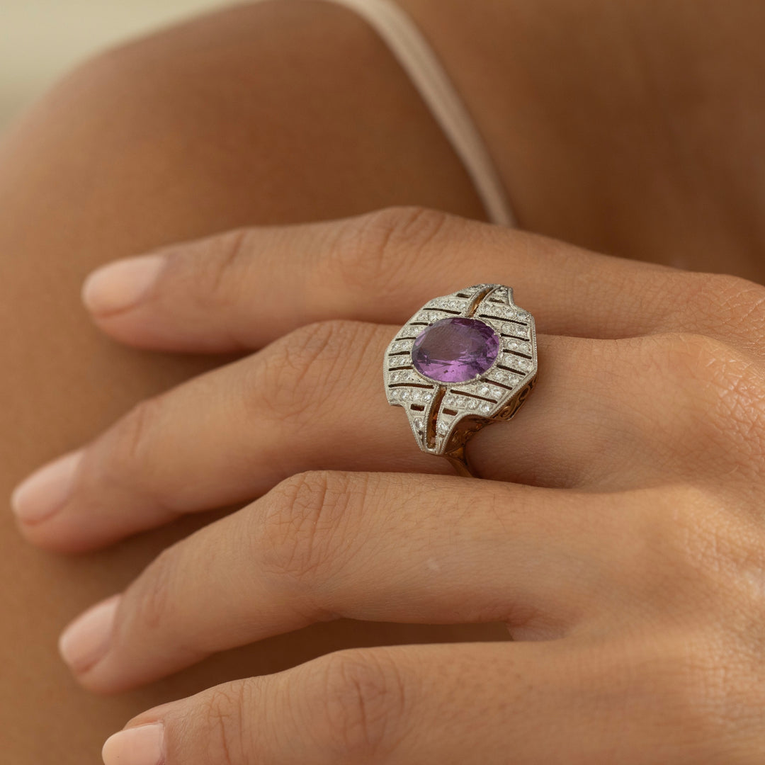 Pink Sapphire, Diamond, and 18K Gold, and Platinum Ring