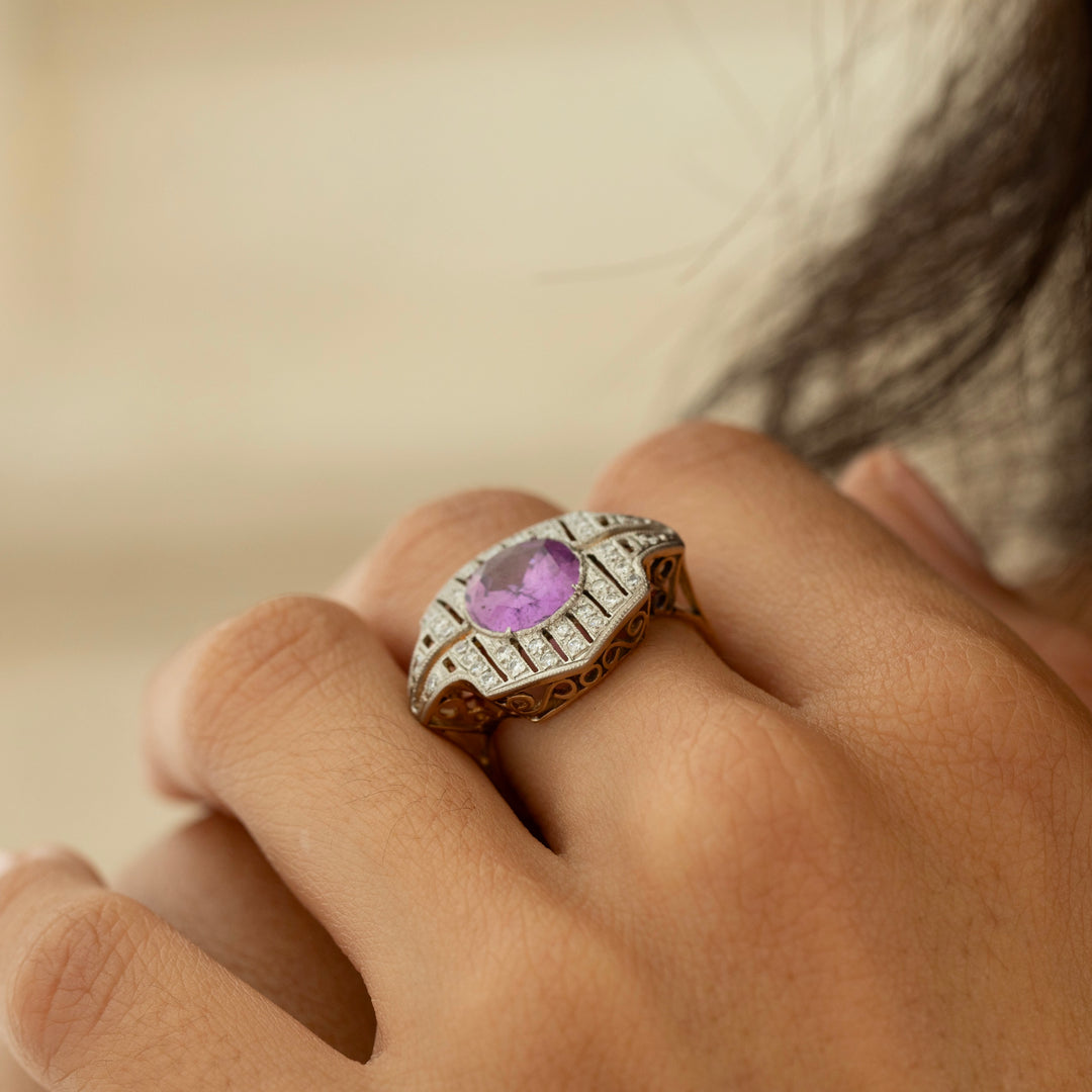 Pink Sapphire, Diamond, and 18K Gold, and Platinum Ring
