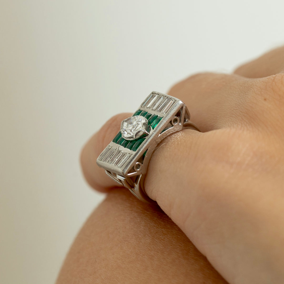Art Deco Marquise Diamond, Emerald, and Platinum Ring