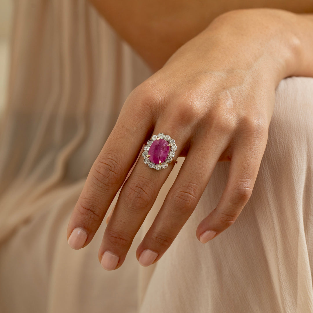 Victorian Large Pink Sapphire, Diamond, and 14K Gold Cluster Ring