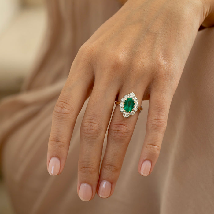 Emerald, Diamond, and 14K Gold Cluster Ring