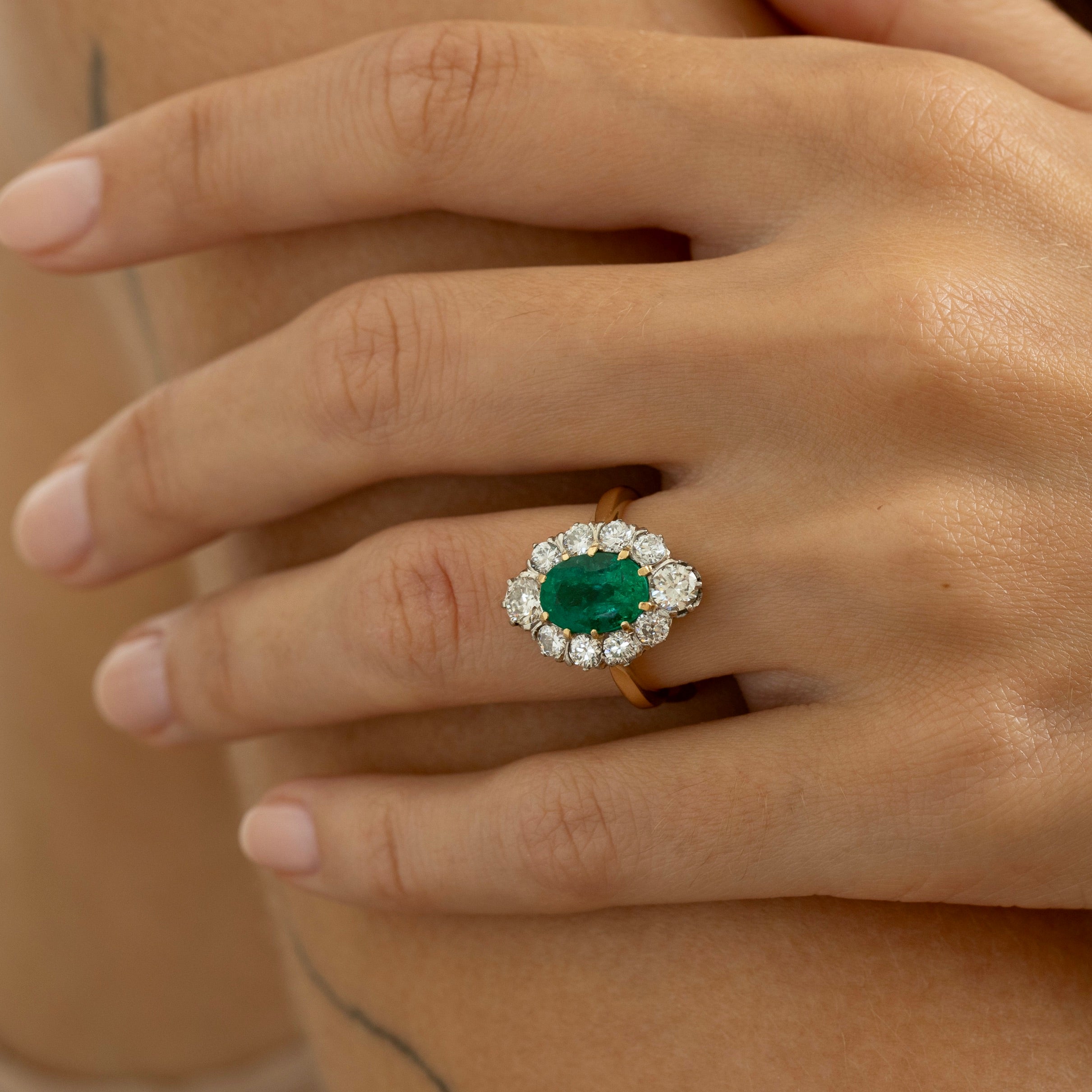 Emerald, Diamond, and 14K Gold Cluster Ring