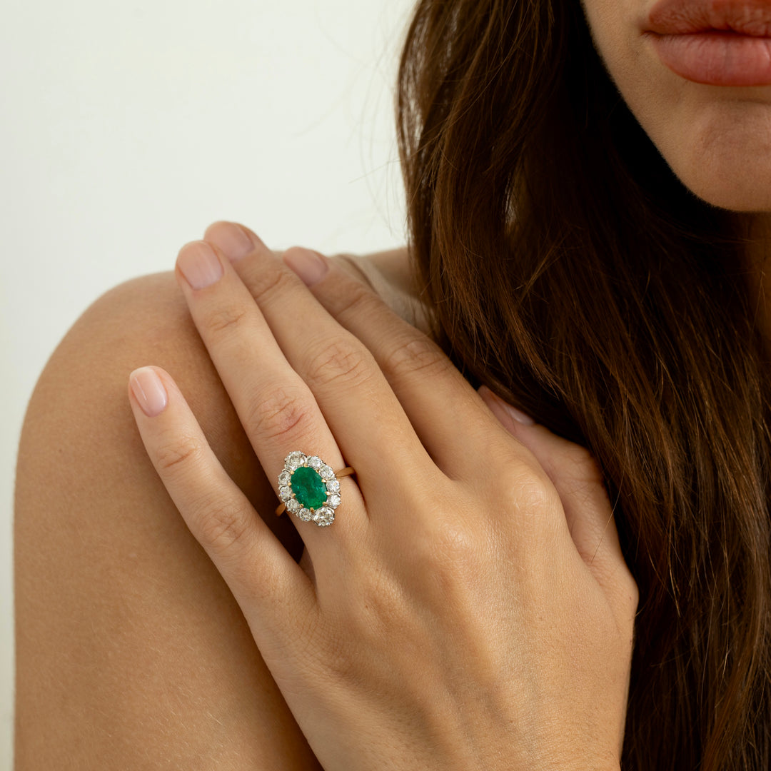 Emerald, Diamond, and 14K Gold Cluster Ring