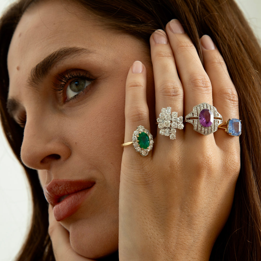Emerald, Diamond, and 14K Gold Cluster Ring